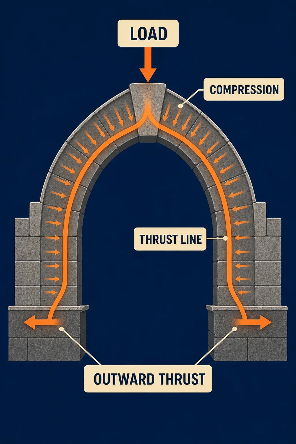 A load splits into two thrust paths entirely INSIDE the stone blocks, curving down to both supports. Two outward arrows share one OUTWARD THRUST callout; never repeat a label.