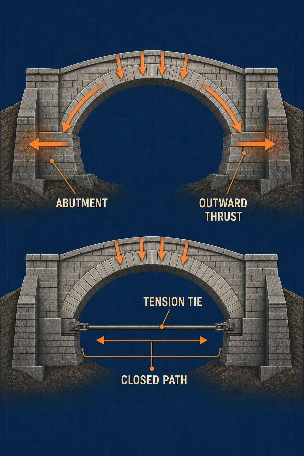 Side-by-side comparison: an untied masonry arch sends outward thrust into massive abutments, while a tied arch closes the horizontal force path through a tension tie between its ends.