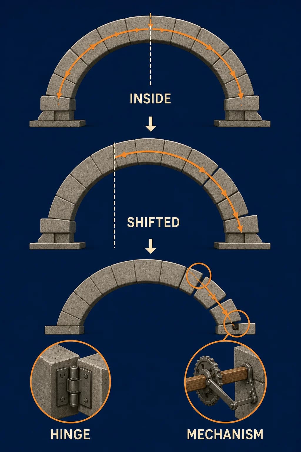 Three stacked arches: centered line labeled INSIDE; off-center line labeled SHIFTED; final open joints marked with circles and separate HINGE and MECHANISM callouts. Never combine labels.