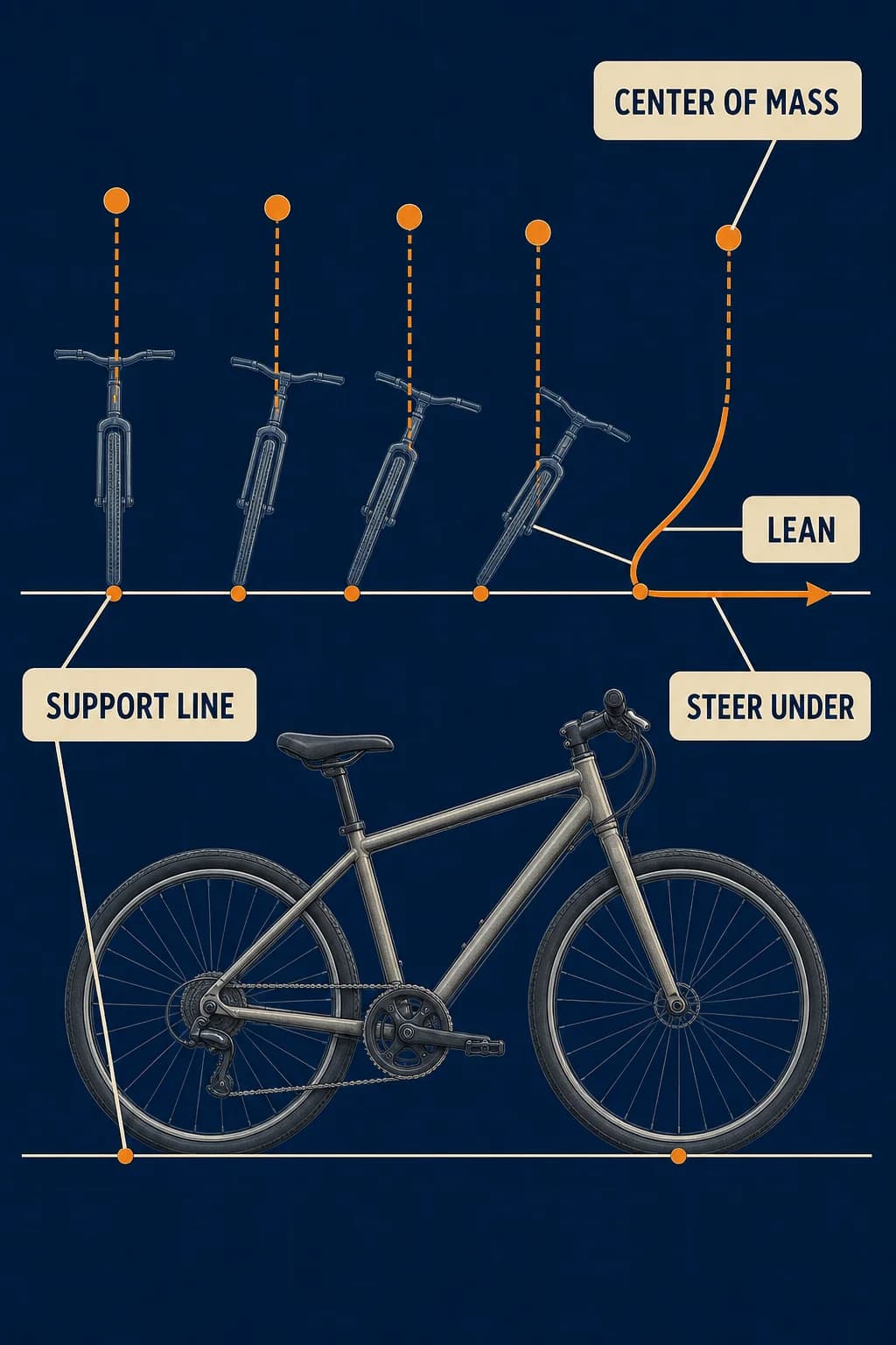 Side-view pedal bicycles only. Draw a horizontal ground line through both tire contacts; the SUPPORT LINE pointer touches this baseline, never the fork or frame. A high mass dot falls beyond it; then a curved path steers beneath the dot. No motorcycle parts.