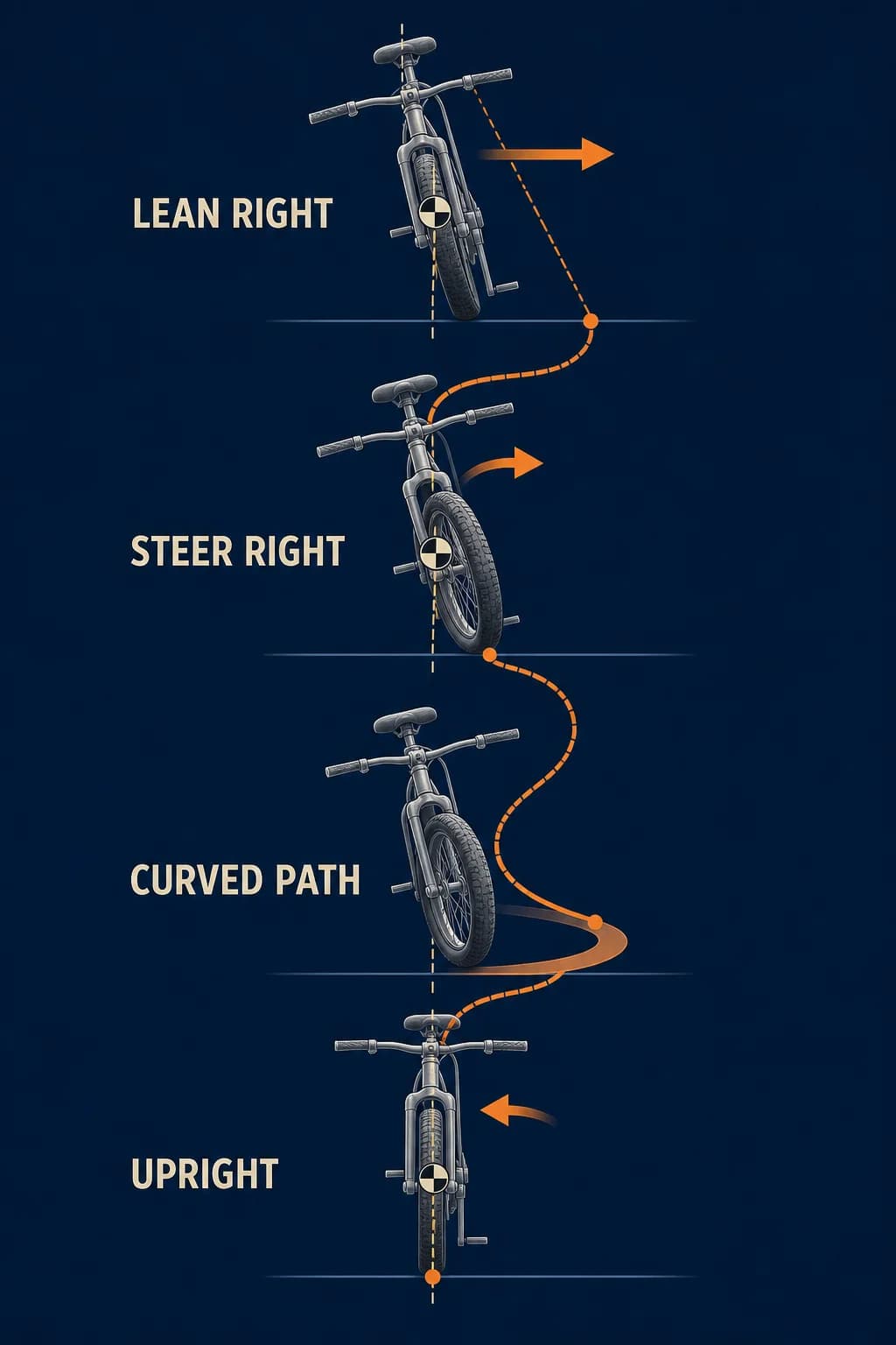 A time sequence shows a rightward lean, a small steer toward that fall, the curved tire path moving under the center of mass, and the bicycle returning toward upright as feedback repeats.