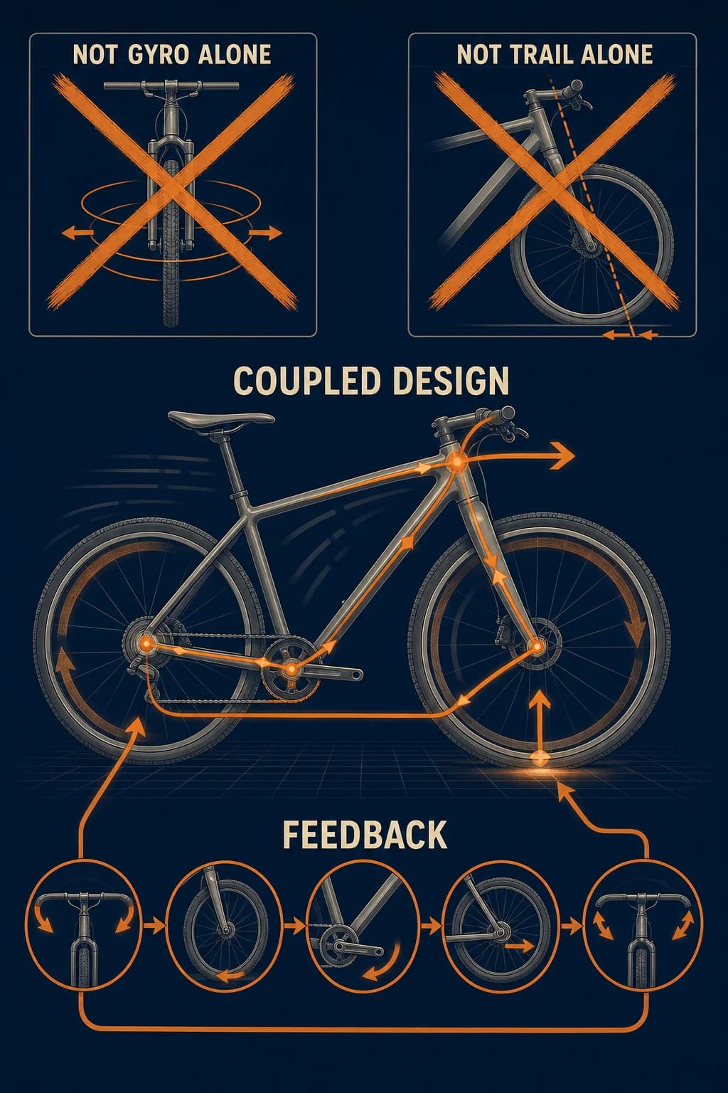 Pedal bicycles only; no motorcycles, engines, or fuel tanks. Cross out gyro-alone and trail-alone panels; combine mass, steer geometry, wheel effects, speed, and rider feedback below.