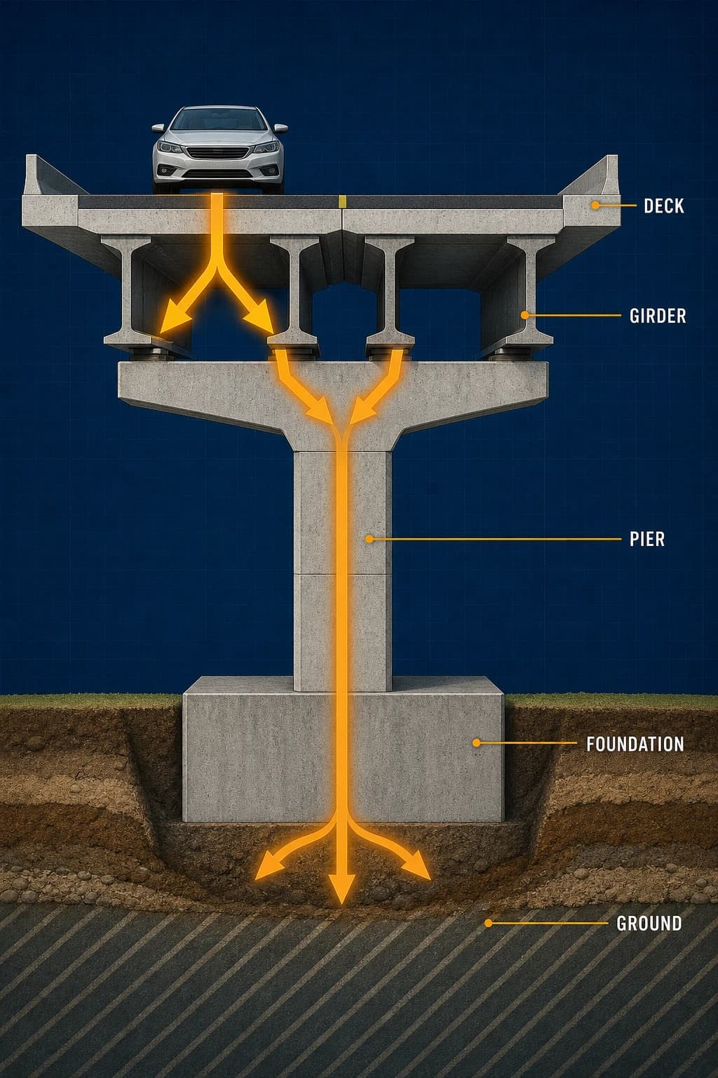 A highlighted path carries one car’s downward load through the deck, into two girders, down a pier, through its foundation, and finally into layered ground.