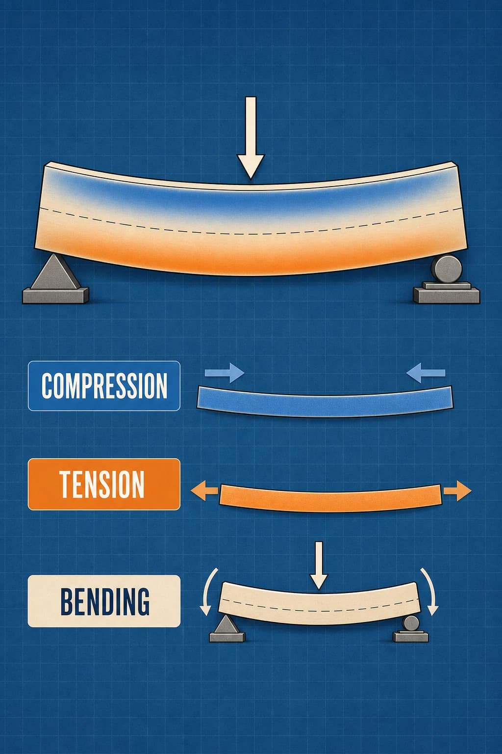 A beam supported at both ends sags under a central load; its upper band is compressed and shortens, while its lower band is in tension and lengthens.