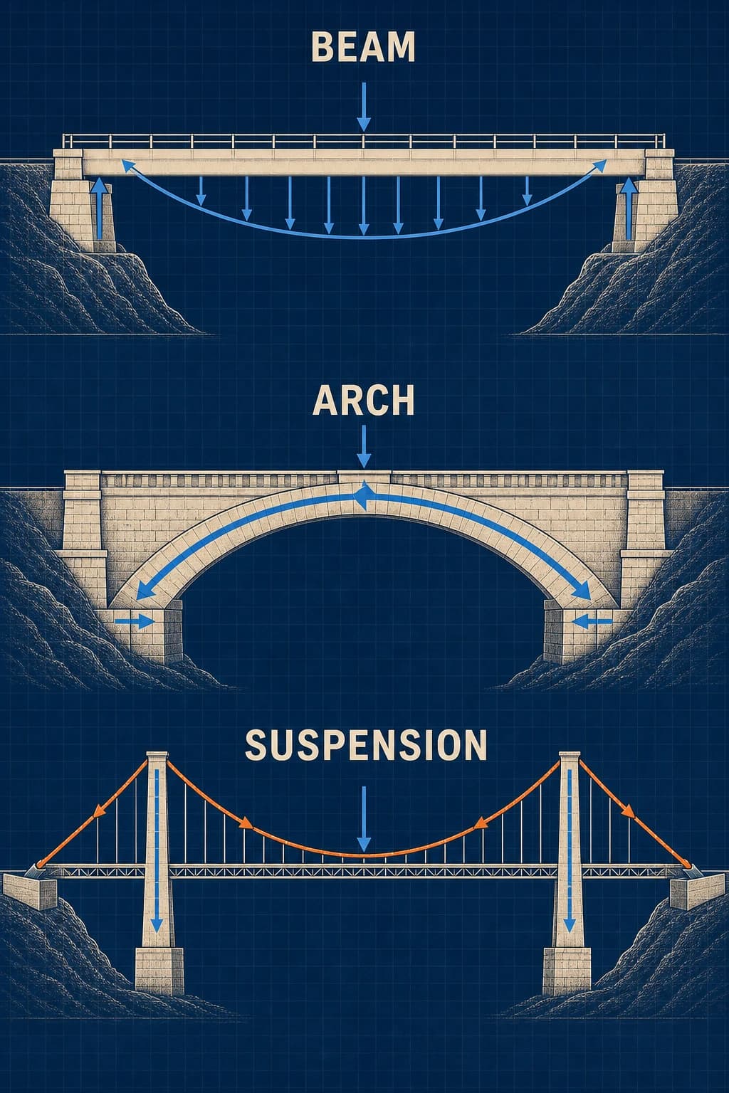 Three bridge forms route loads differently: a beam bends between supports, an arch sends compression outward to abutments, and a suspension bridge sends tension through cables to anchors while towers carry compression.