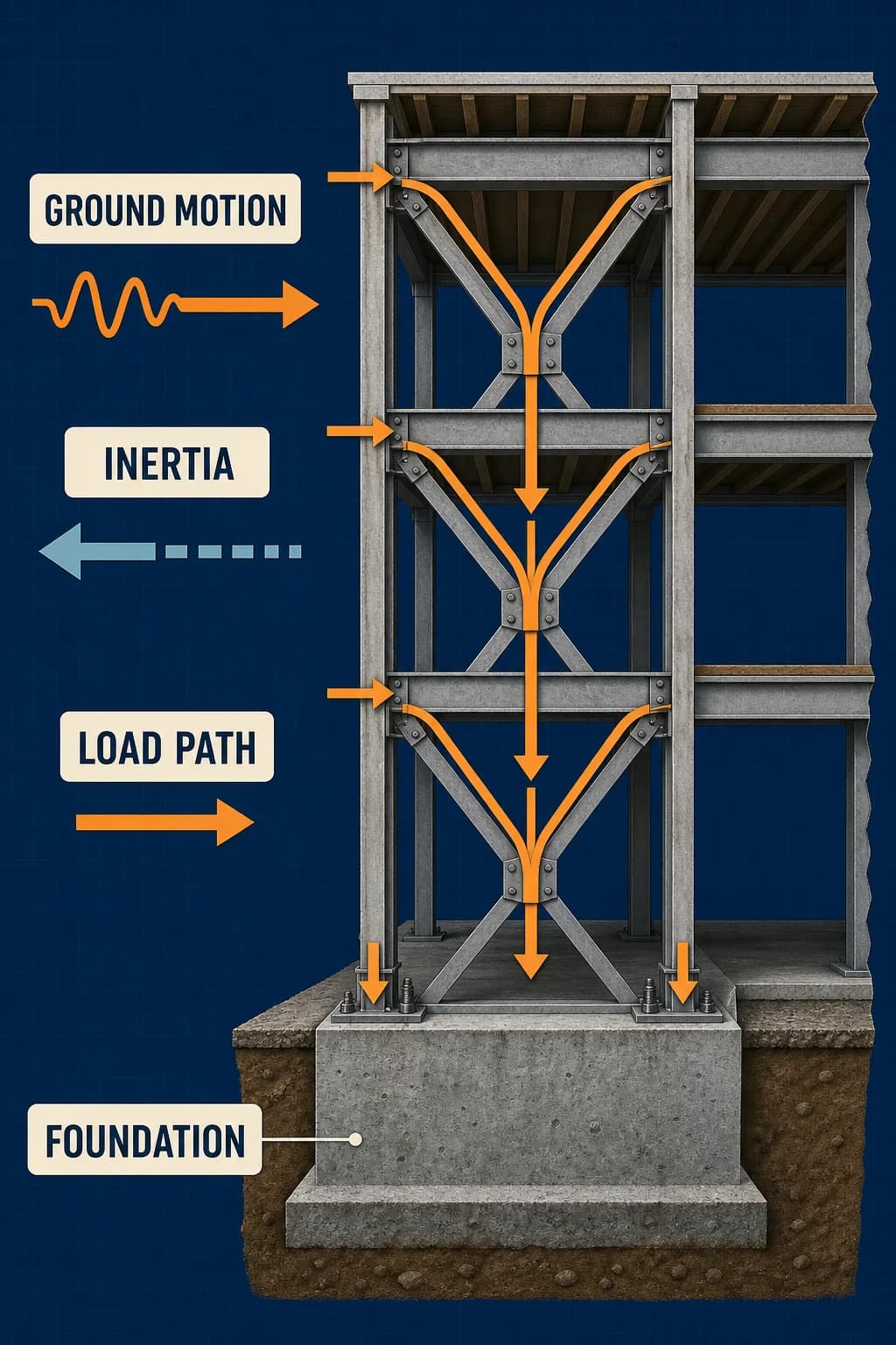 Floor arrows run horizontally into one braced bay, then DOWN through it to connections and foundation. Ground motion is separate; inertia arrows point opposite. Never draw load-path arrows upward.