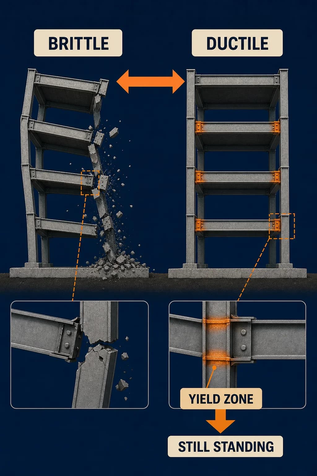 A brittle frame and a ductile frame receive the same lateral demand; the brittle connection snaps, while designated ductile zones yield repeatedly and preserve the gravity-supporting path.