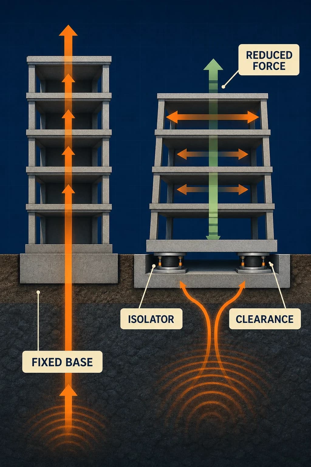 Two buildings share ground motion: a fixed base transmits strong acceleration upward; an isolated base moves across bearings within a clearance gap, reducing force above.