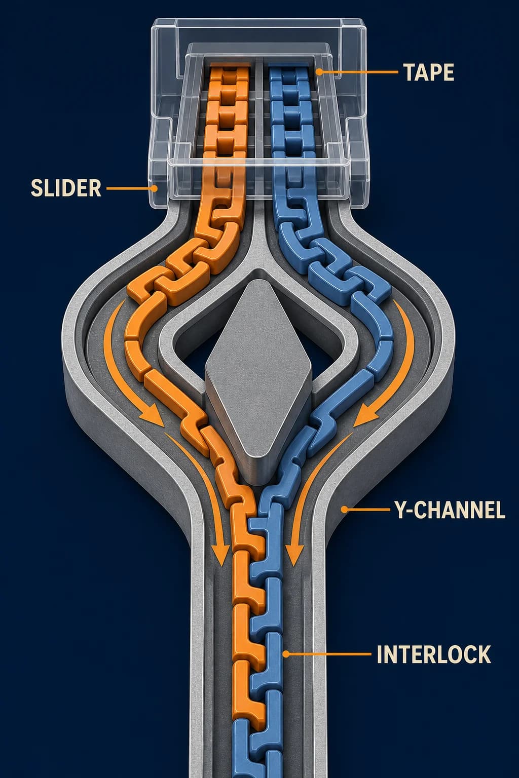 A transparent slider cutaway shows two separated element rows entering the wide branches of a Y-shaped channel, being guided around a central wedge, and leaving as one interlocked chain.