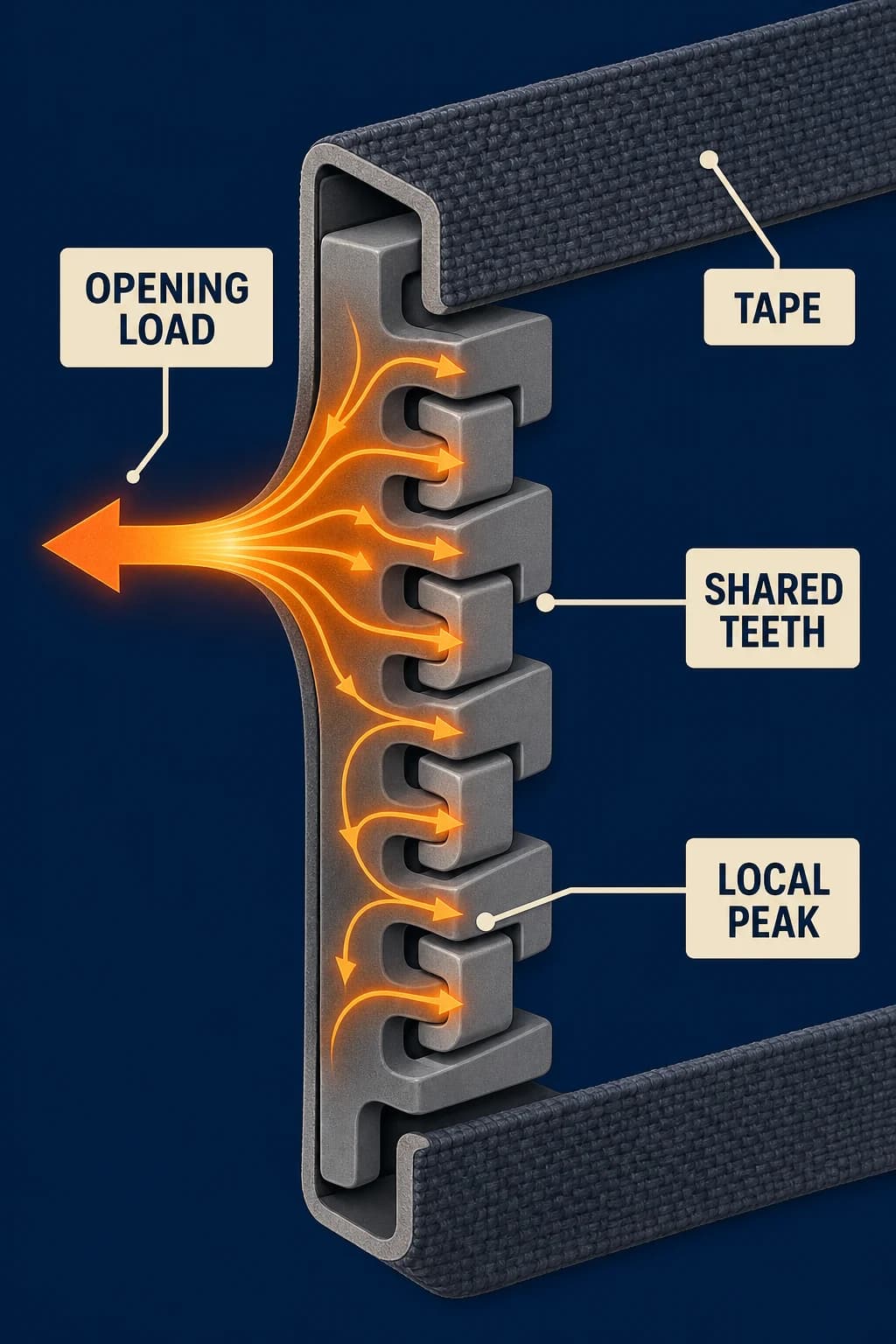 A sideways opening force enters both fabric tapes, spreads through several adjacent engaged elements, crosses their interlocking contacts, and shows a brighter local concentration near the applied pull.