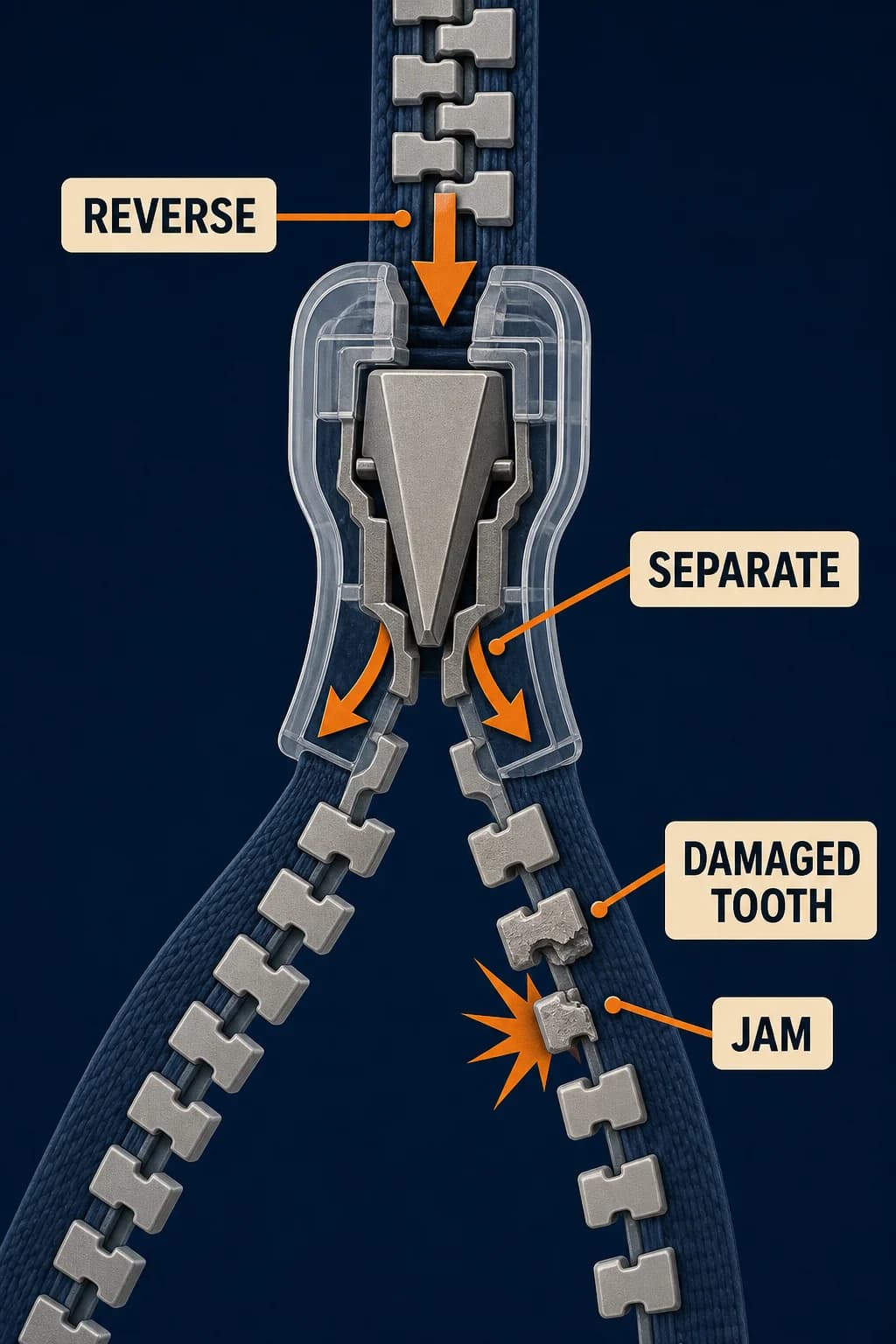 A transparent zipper Y-slider in reverse. Interlocked zipper TEETH enter the single side; the wedge separates two rows. One damaged zipper tooth jams. Never depict roller chain or chain links.