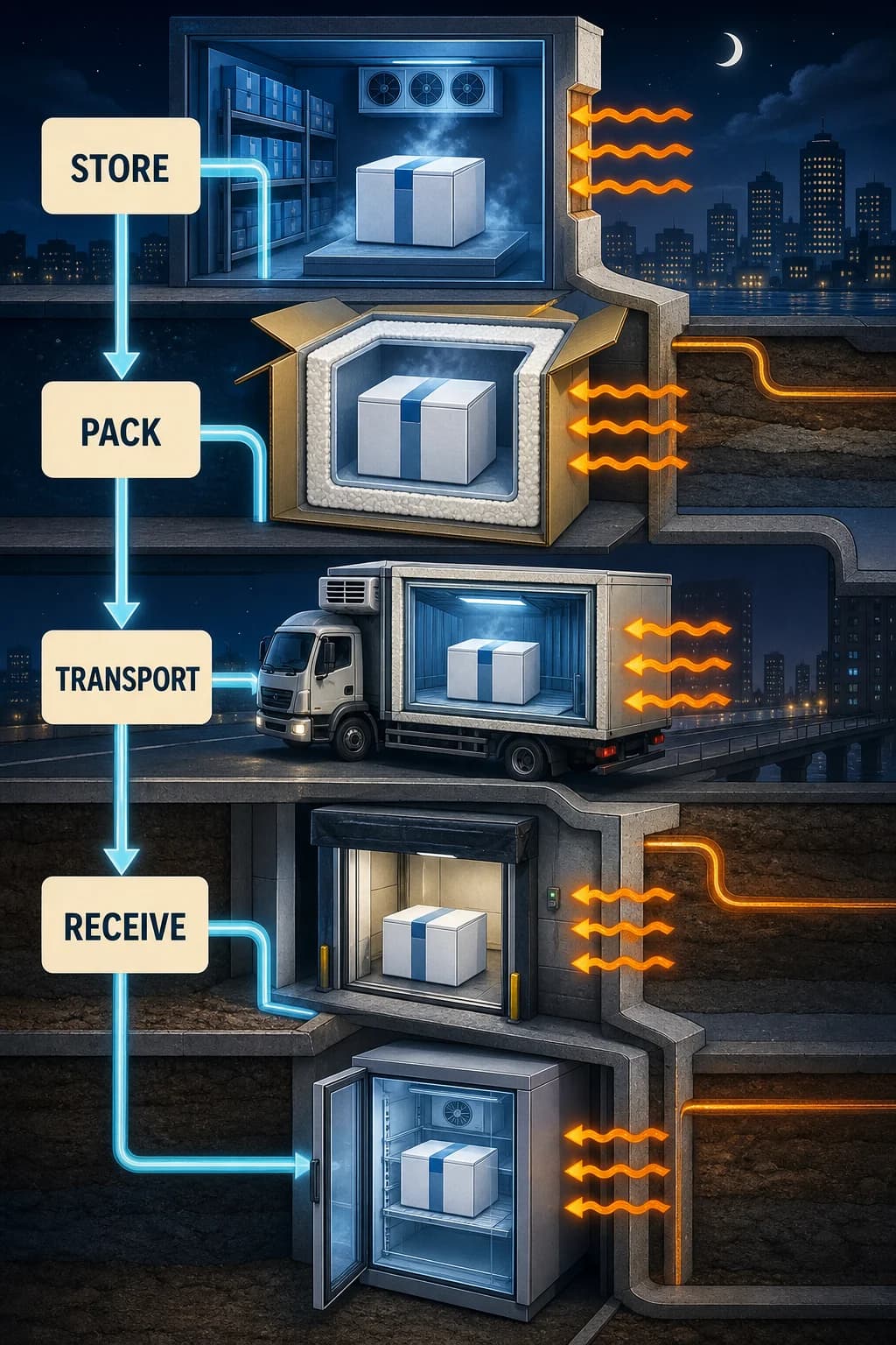 One package follows a continuous route from cold room through insulated shipper, refrigerated vehicle, receiving dock, and final cabinet while heat arrows challenge each barrier.