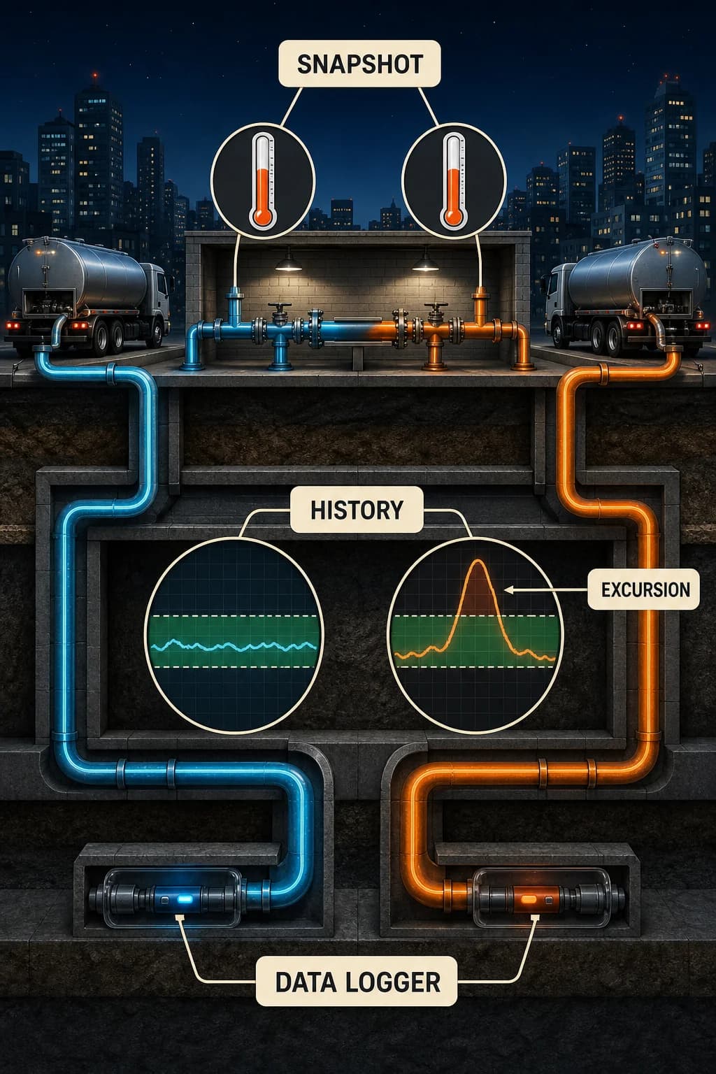Two identical deliveries show the same final thermometer reading, but one continuous history stays within a safe band while the other contains an earlier warm spike revealed by a data logger.