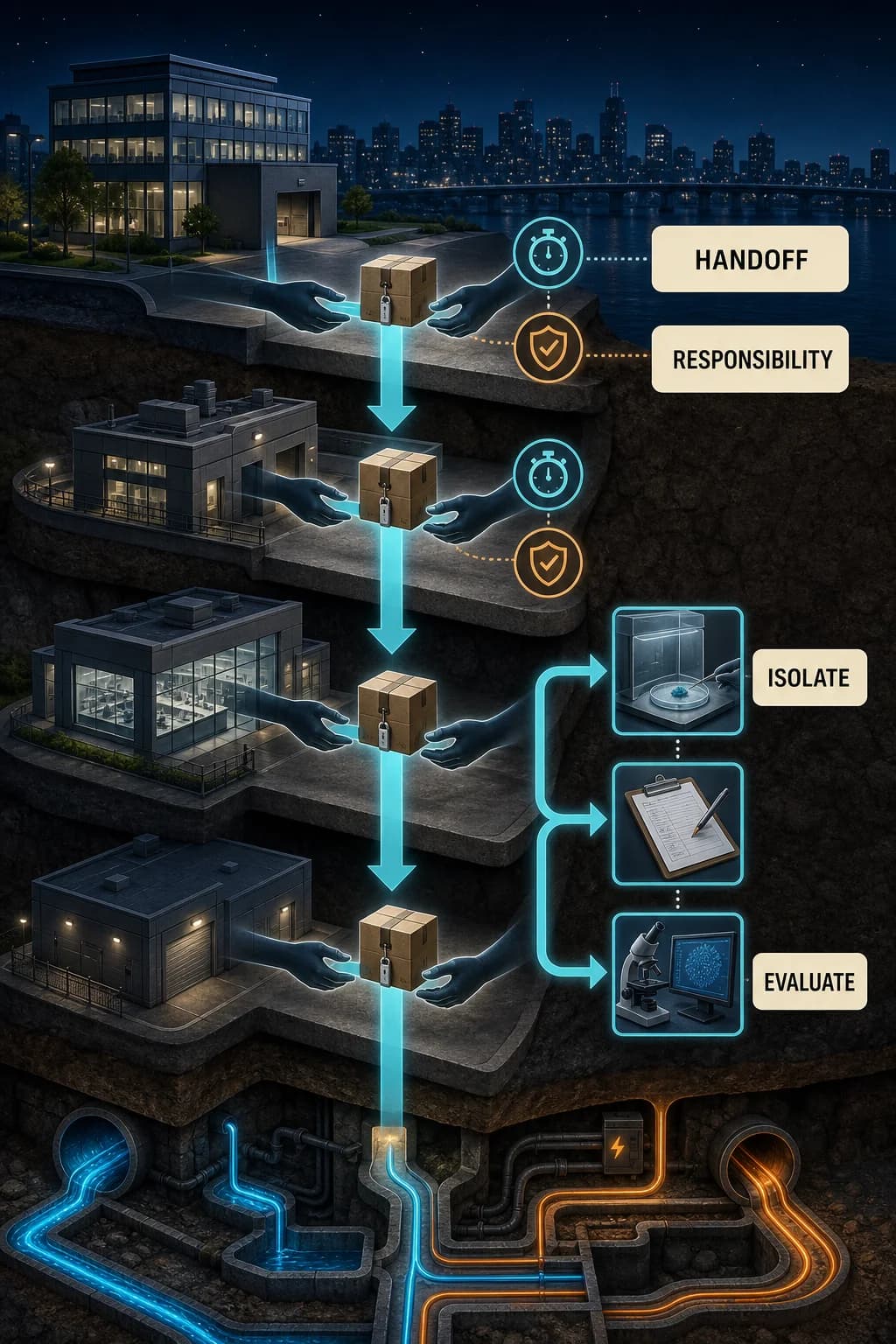A chain of custody passes one package across four organizations; each handoff includes a time limit and responsibility token, while an excursion branches into isolate, document, and evaluate steps.