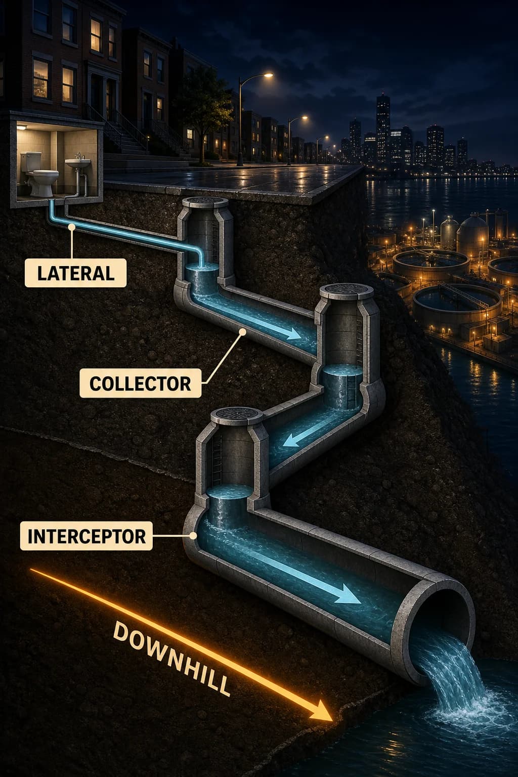 A street-to-treatment cross-section shows building laterals joining successively larger sloped collectors and an interceptor, with elevation steadily descending and manholes at junctions.