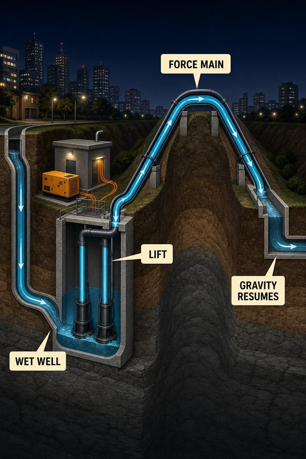 A descending gravity pipe reaches a wet well, two pumps raise flow through a force main over a ridge, and a new gravity segment resumes on the far side; backup power sits beside the station.
