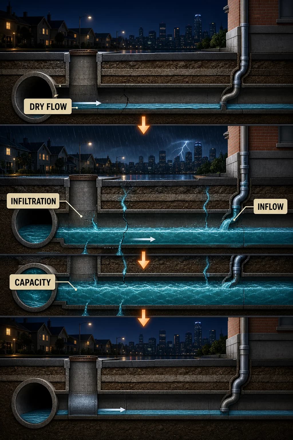 The same sewer is compared in dry weather and a storm: cracks and an improper roof connection add cyan inflow until the pipe nears capacity, while inspection and repair isolate the extra paths.