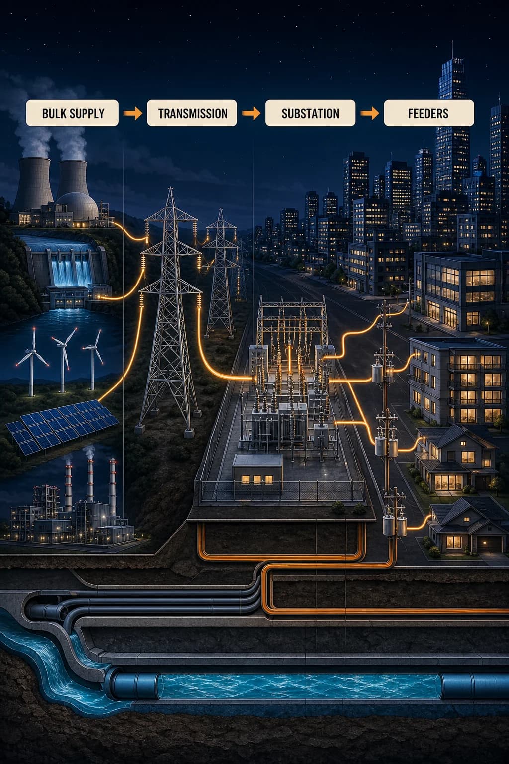 A left-to-right city energy route moves from multiple bulk sources through high-voltage transmission, a switching substation, branching feeders, local transformers, and many building loads.