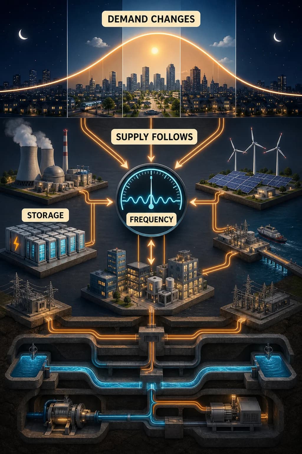A city demand curve changes through a day while bulk generation, storage, imports, and responsive loads continually reshape to meet it around one central frequency indicator.