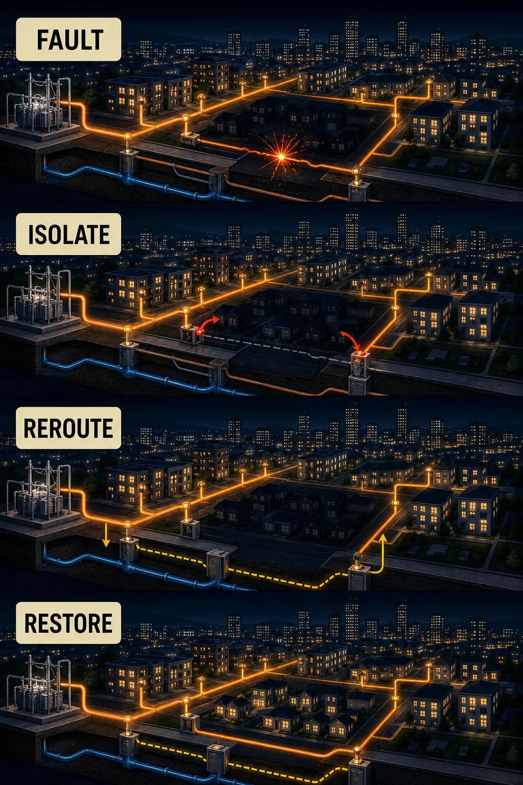A branching city feeder develops one bright fault; a breaker opens around the damaged segment, healthy branches remain energized, and an alternate tie route restores a dark neighborhood within capacity limits.