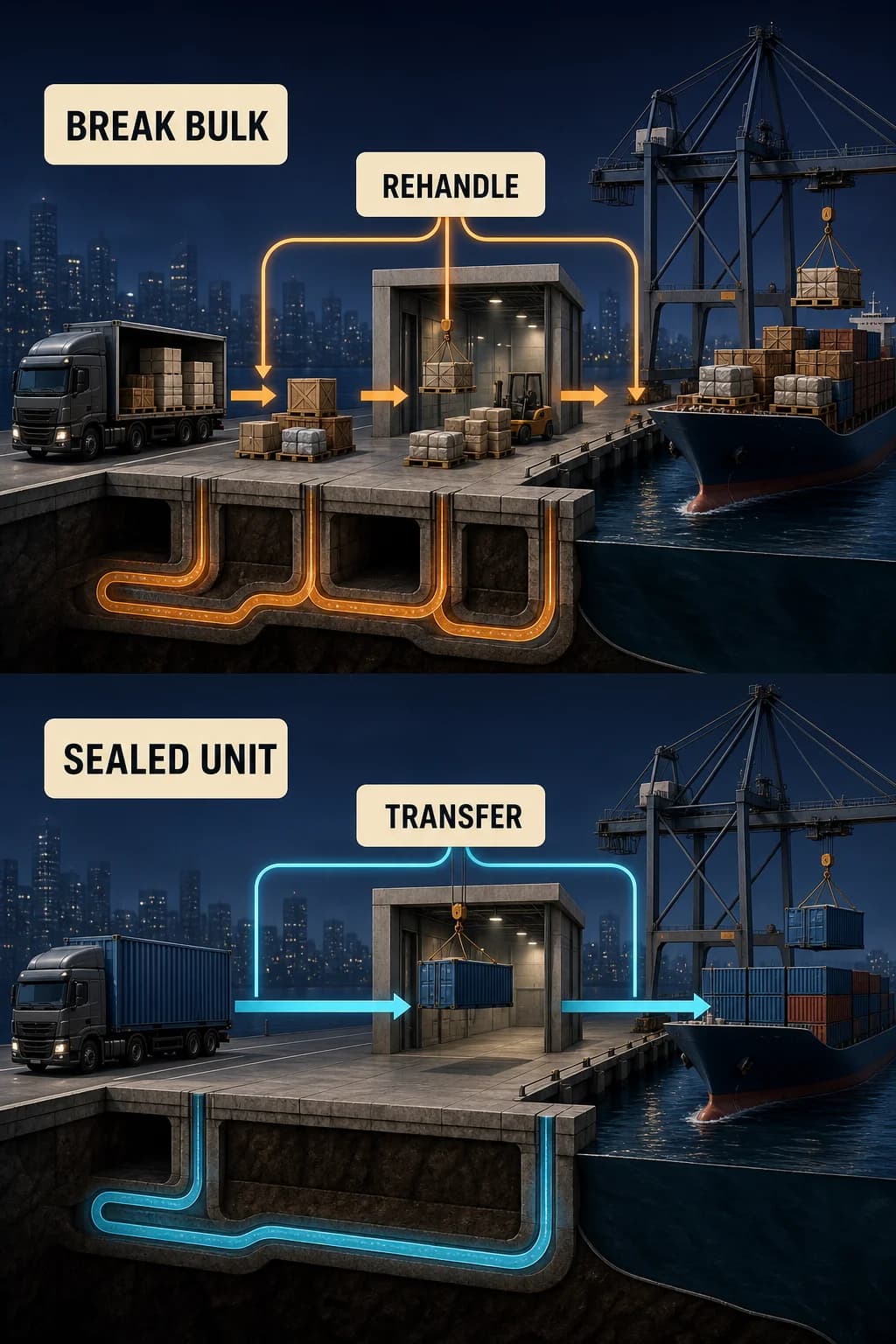 A split comparison shows many loose cargo pieces repeatedly unloaded across truck, dock, and ship, while one sealed container follows a continuous path between the same modes.