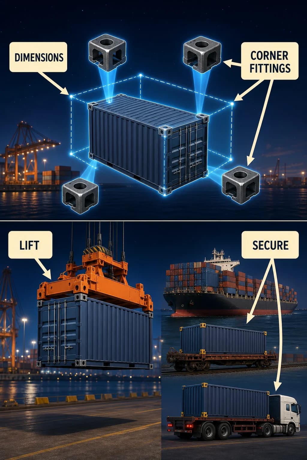 One container is exploded into its dimensional envelope and four reinforced corner fittings, then the same interfaces connect in sequence to crane spreader, ship stack, railcar, and truck chassis.