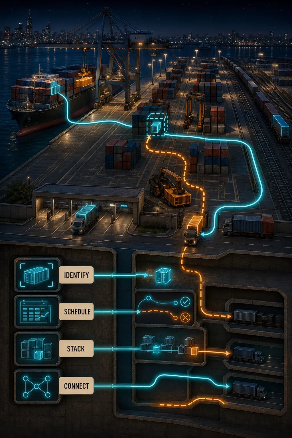 A night terminal map links vessel bays, quay cranes, yard stacks, rail, and truck gates; one highlighted container's data path schedules its physical moves while a wrong stack position creates extra reshuffles.