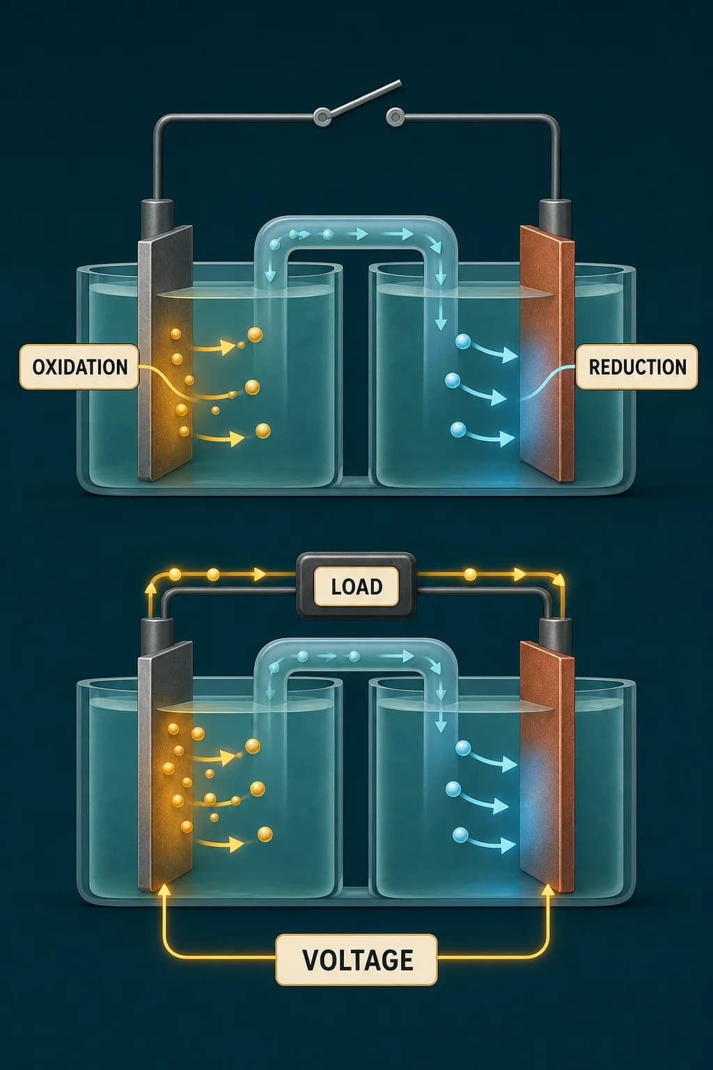 Two electrode reaction sites sit at different chemical-potential levels; an open switch blocks the route, then a closed external load lets electrons descend through useful work.