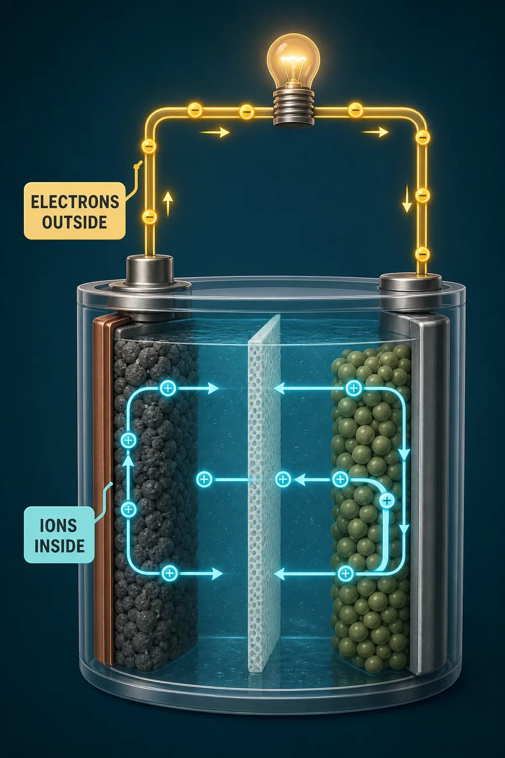 A transparent cell shows electrons following a warm outer loop through a load while ions follow a cyan inner path across electrolyte and separator, both coupled at the electrode reactions.
