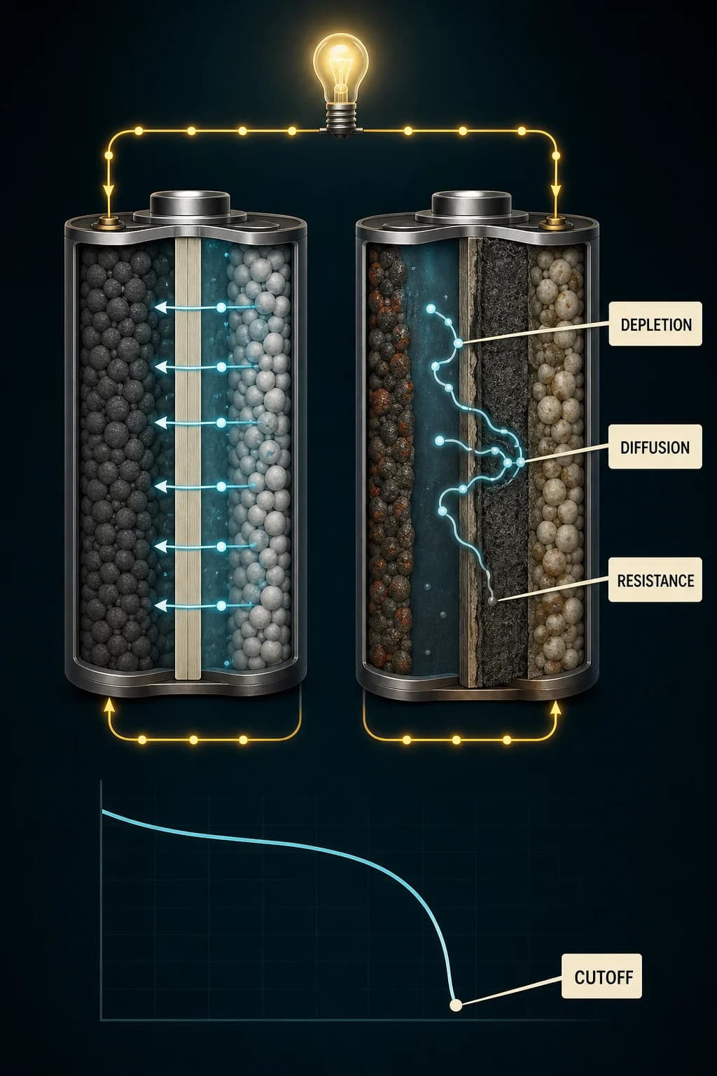 A fresh and aged cell are compared under the same load: the aged route shows depleted reactant zones, diffusion bottlenecks, thicker resistance, side-reaction deposits, and an earlier cutoff.