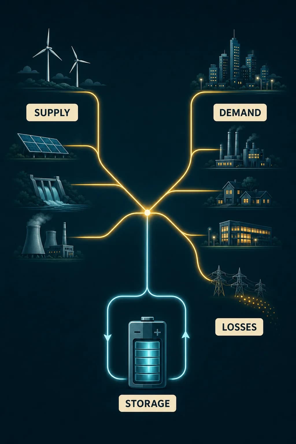 A warehouse inventory comparison sits beside a live grid whose supply branches, demand branches, loss paths, and one explicit storage loop meet at a narrow real-time balance point.