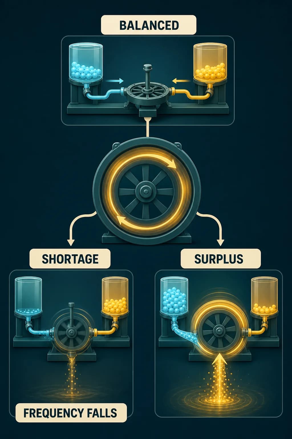A central frequency wheel connects to three scenes: balanced supply and demand, shortage draining rotational energy and lowering frequency, and surplus raising frequency.