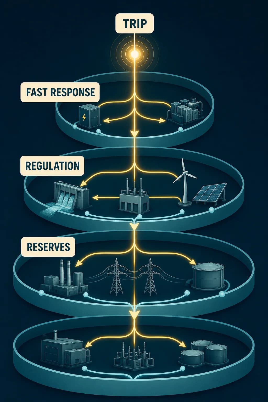 One generator trip launches nested time bands from immediate autonomous response to regulation, reserves, and emergency protection, with each stabilized state handed to the next layer.