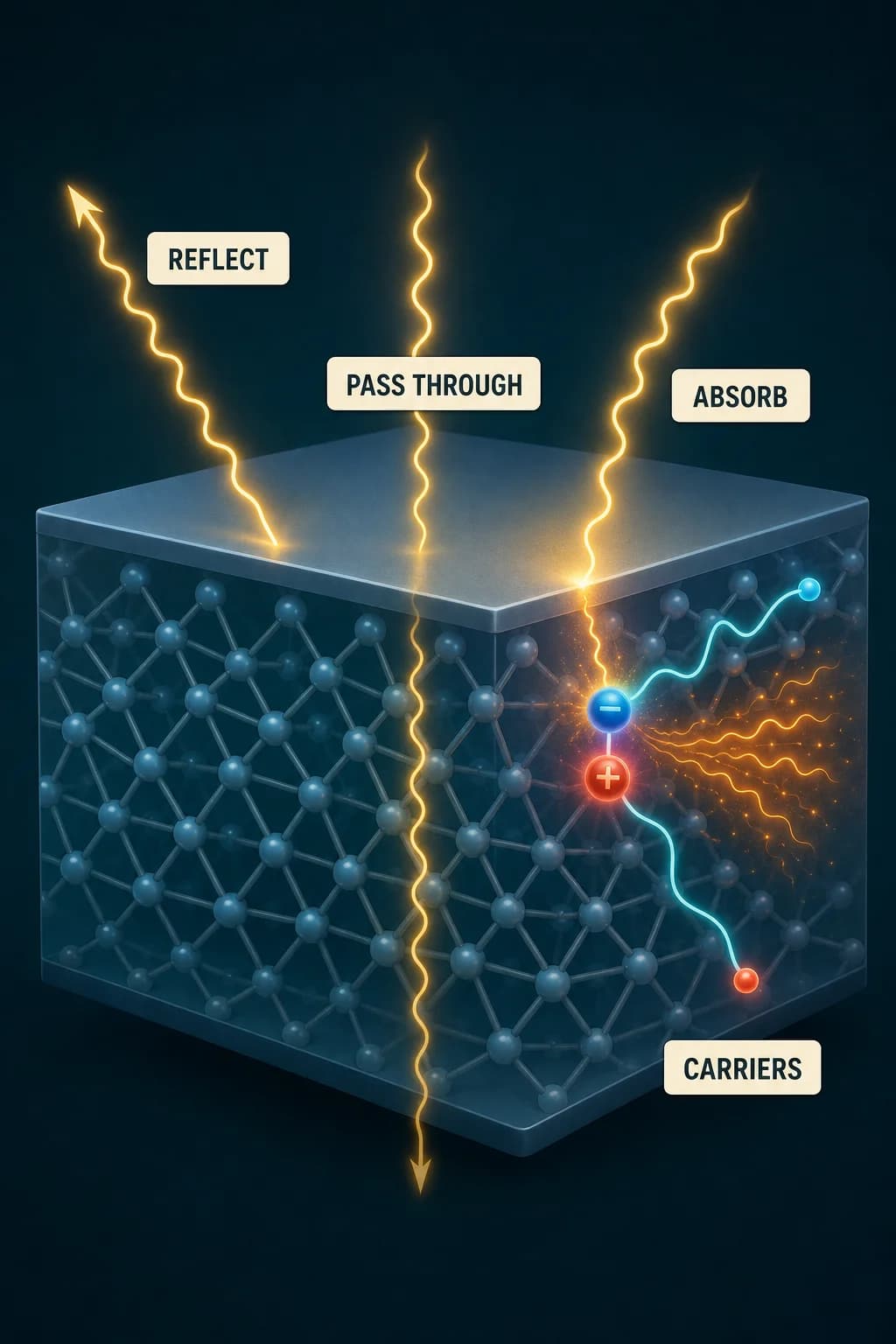 Three photon routes strike a semiconductor bandgap cutaway: reflected light leaves, low-energy light passes through, and suitable absorbed light creates one mobile electron-hole pair while excess energy branches to heat.