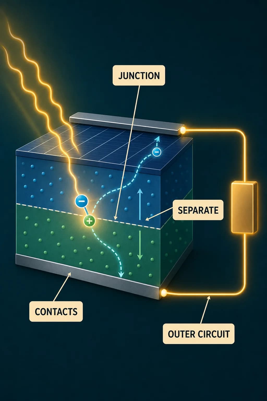 A cell cross-section shows light creating paired carriers near a junction; the built-in field sends electrons and holes to opposite contacts while an outer loop powers a generic load.