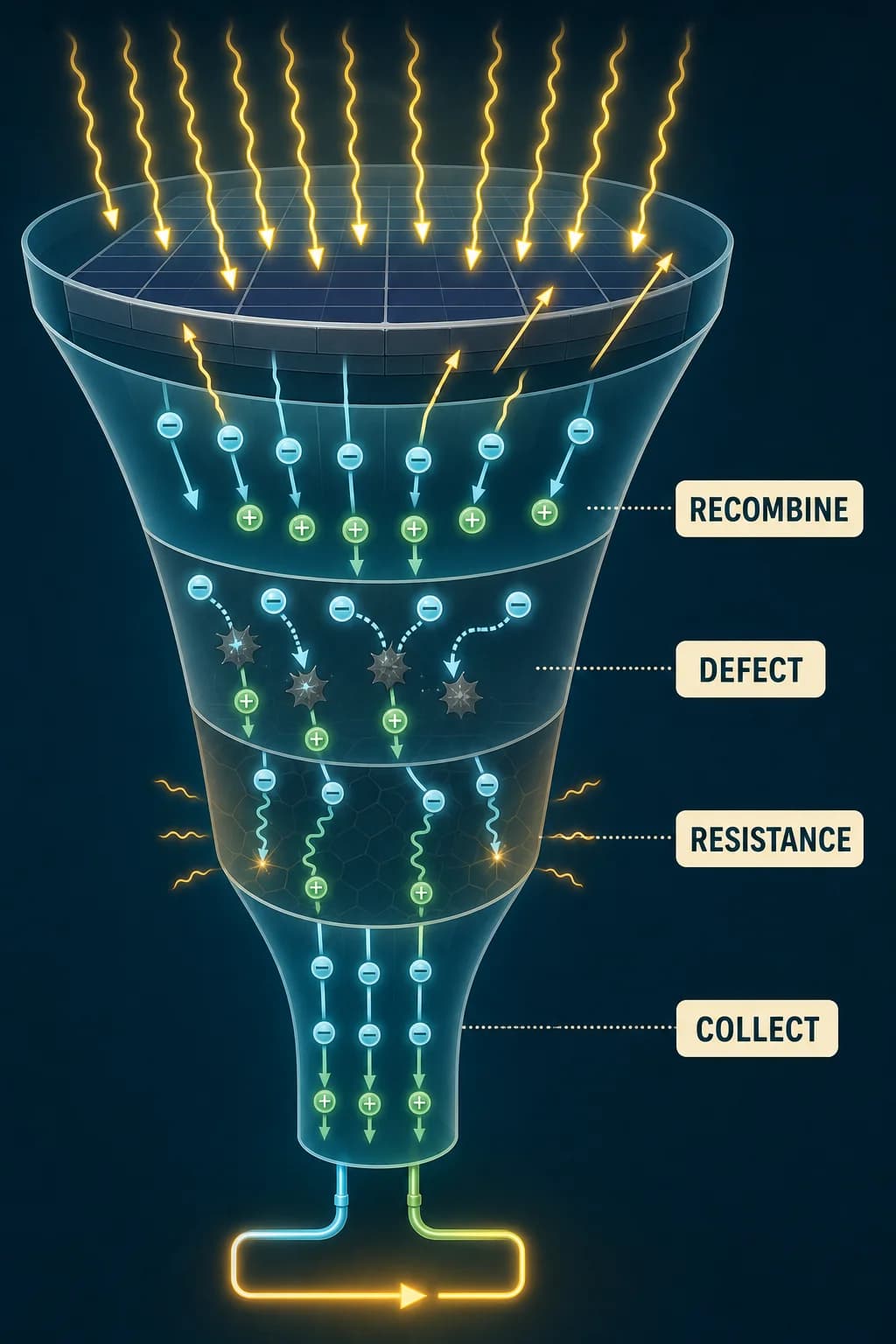 A funnel follows many incoming photons through reflection, carrier creation, recombination traps, resistive loss, and successful collection, leaving a smaller but organized electrical output path.