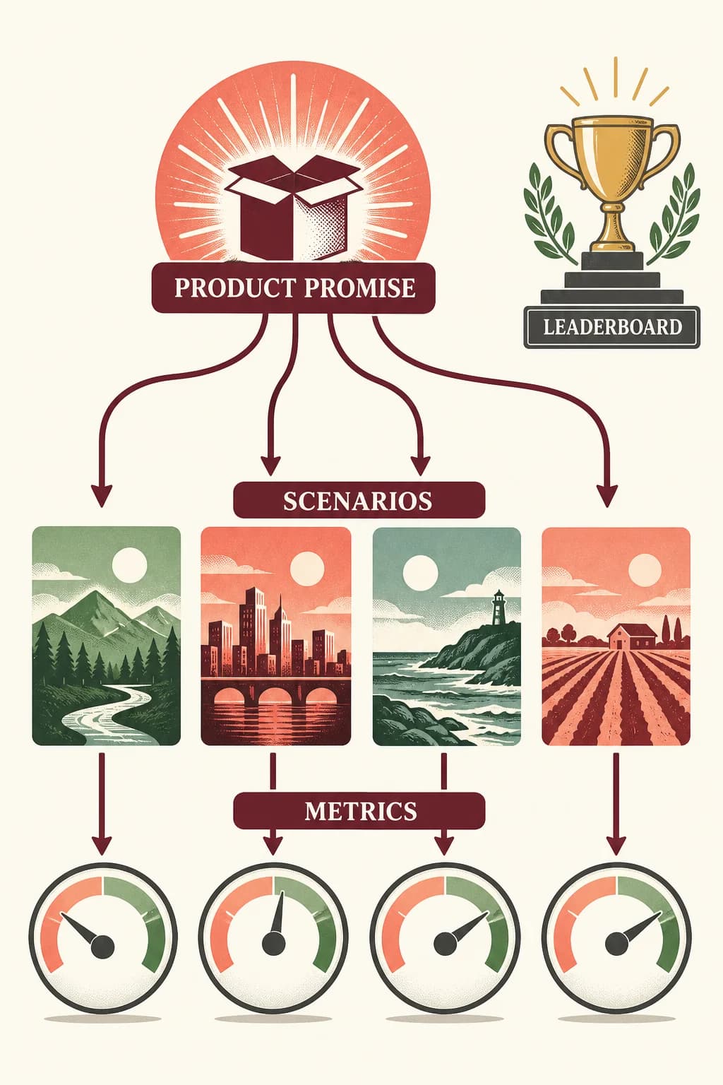 A single PRODUCT PROMISE fans into four scenario cards that each connect to a distinct metric dial; a detached LEADERBOARD trophy has no connection to the product path.
