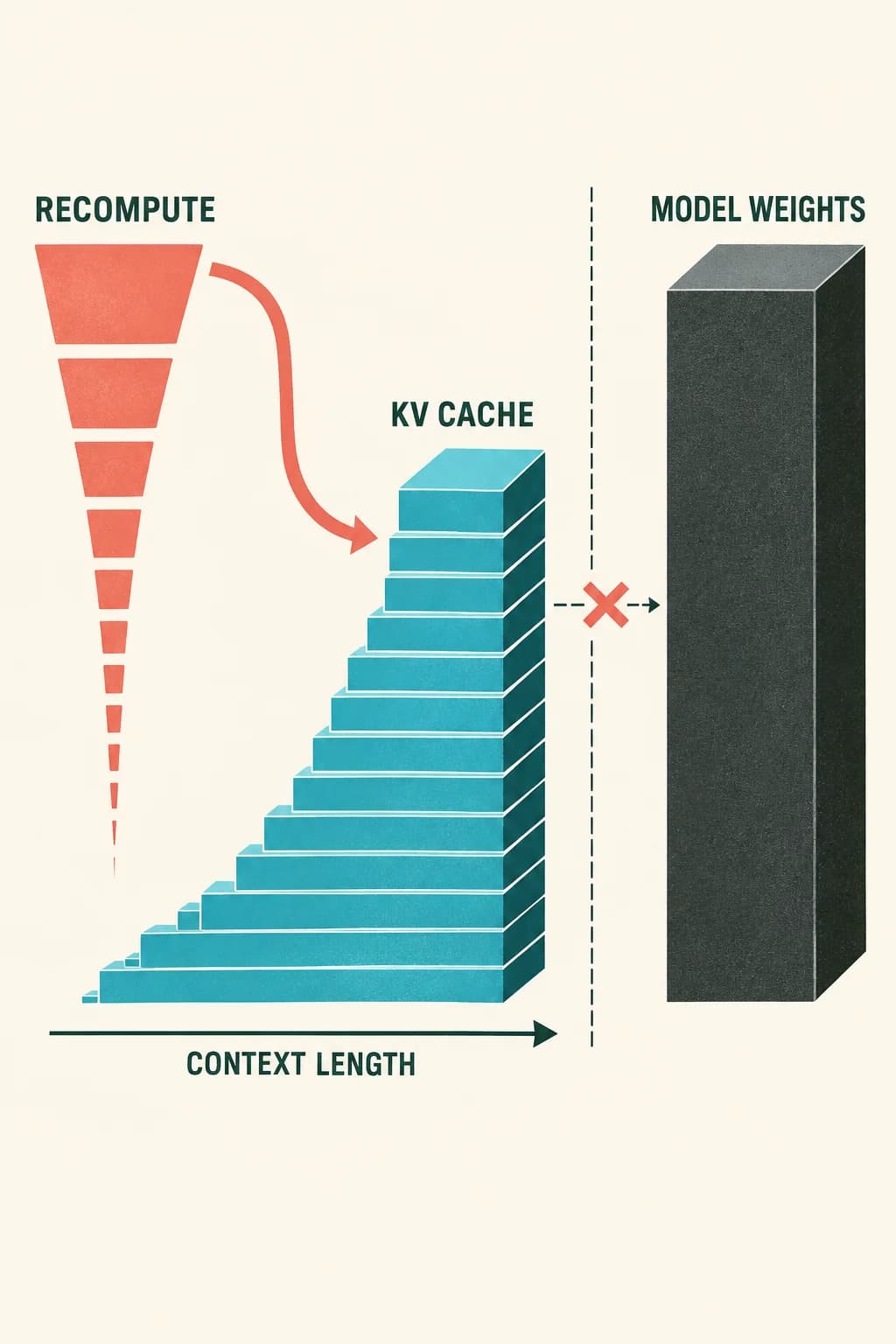 A balance diagram shows RECOMPUTE shrinking as a stacked KV CACHE grows with CONTEXT LENGTH; fixed MODEL WEIGHTS sit separately and never flow into the cache.
