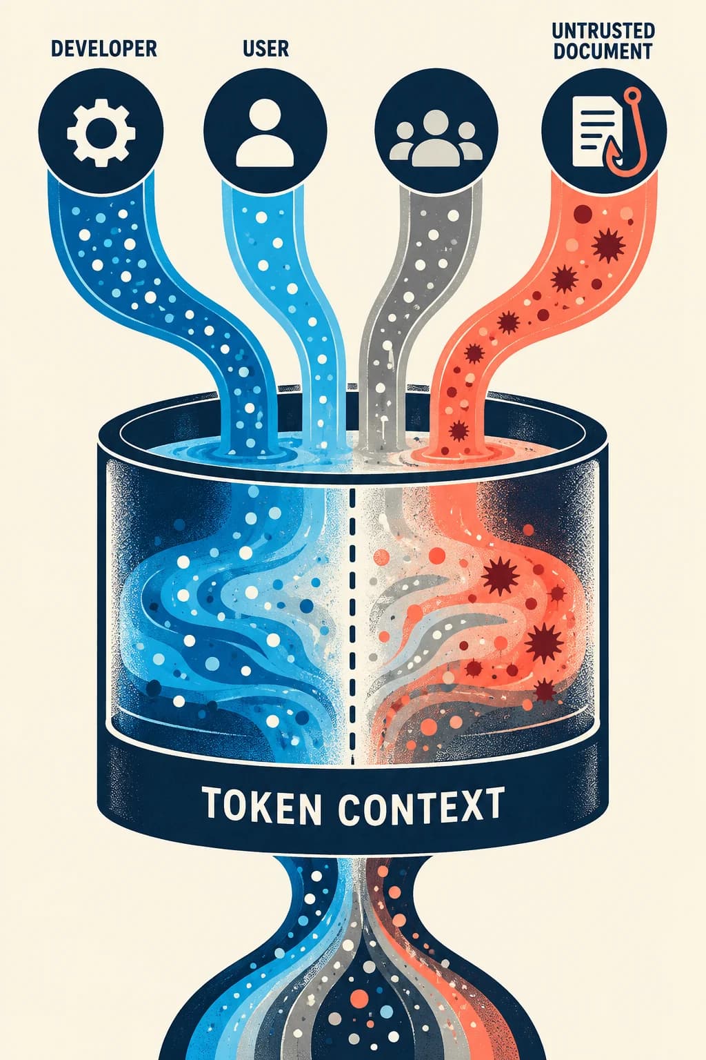 Four streams with visible trust levels enter one TOKEN CONTEXT: DEVELOPER, USER, and an UNTRUSTED DOCUMENT containing a coral hook. A dashed delimiter sits inside the model, not as an outer wall.