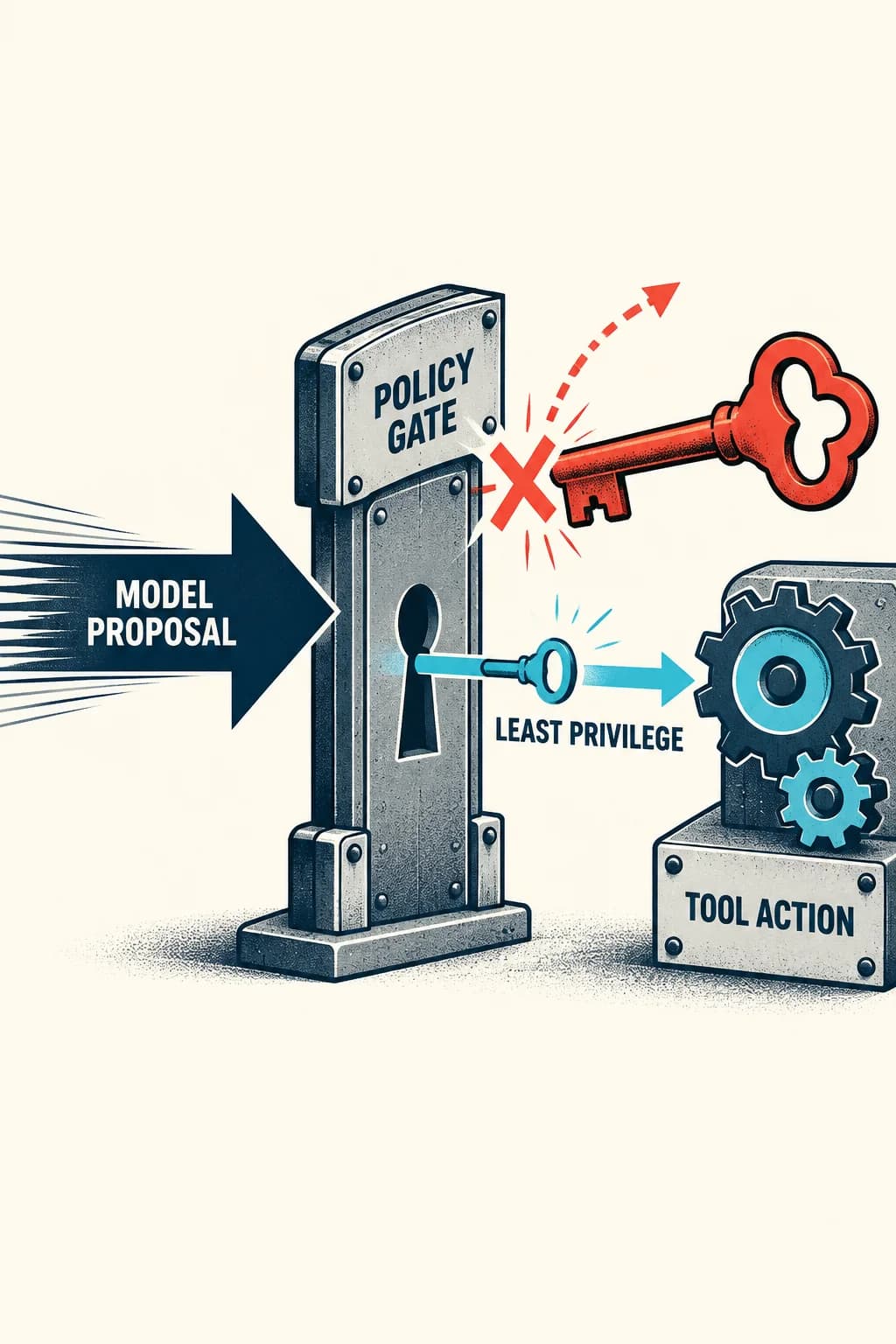 A MODEL PROPOSAL reaches an external POLICY GATE. Only a narrow LEAST PRIVILEGE credential passes to TOOL ACTION; a broad credential is visibly rejected before the tool.