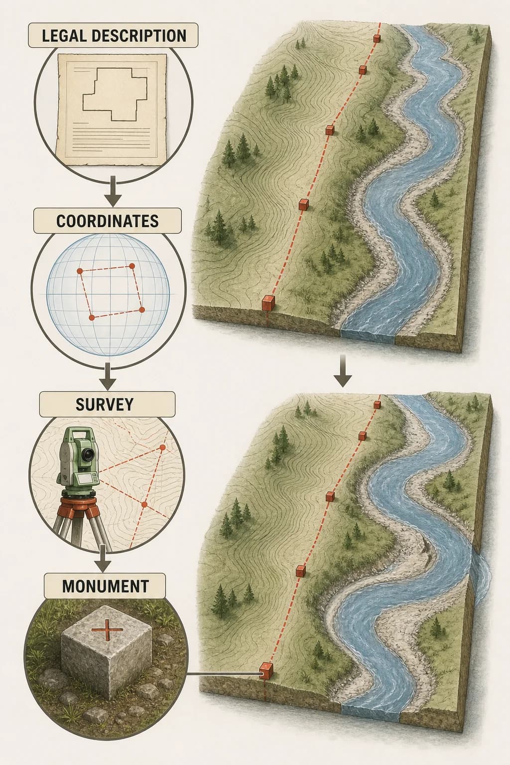 A treaty description passes through coordinates and survey work into physical monuments along a terrain boundary, while a migrating river shows why maintenance is needed.