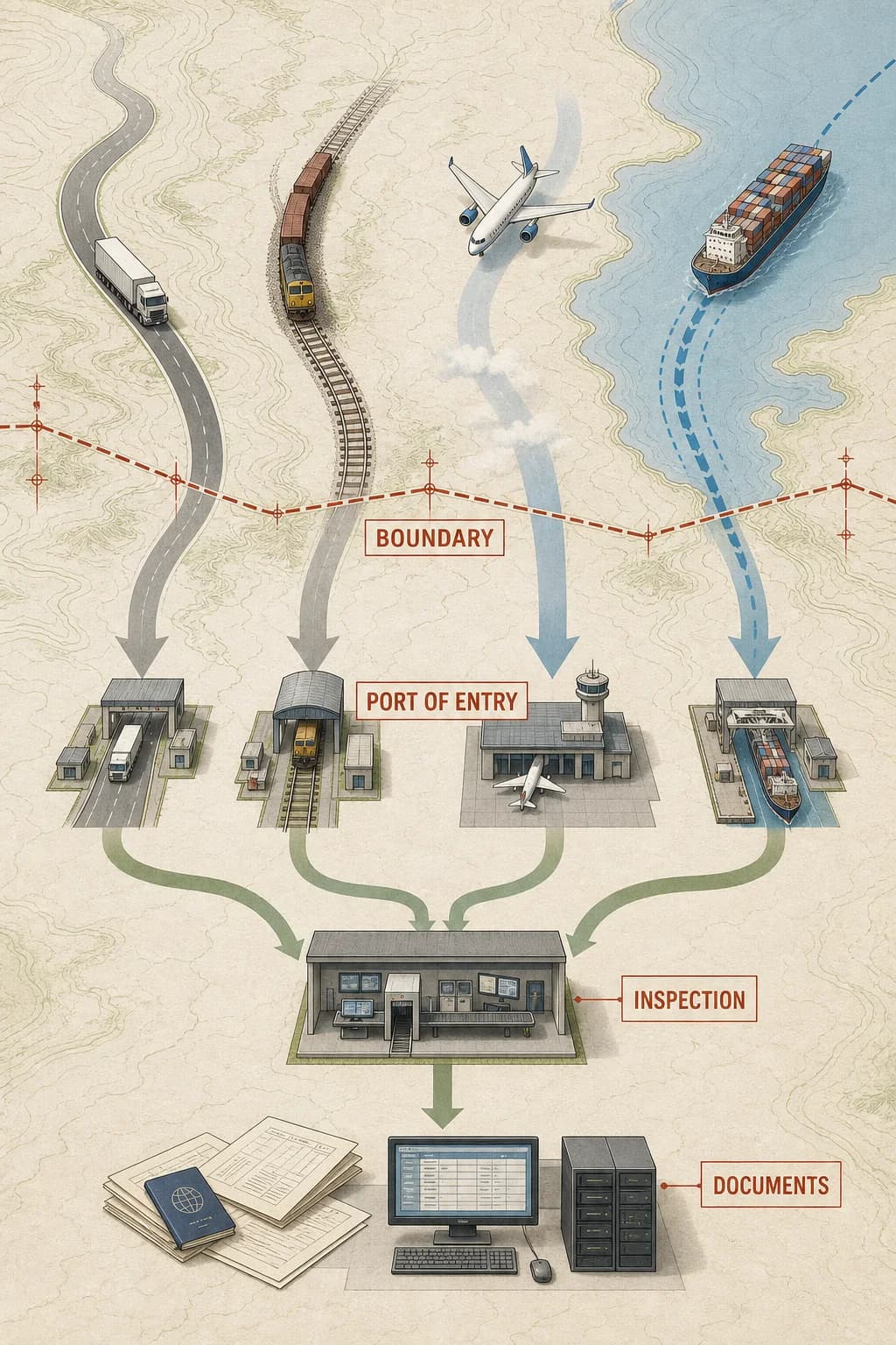 A long boundary funnels road, rail, air, and cargo routes through a few organized ports of entry connected to inspection and record systems.