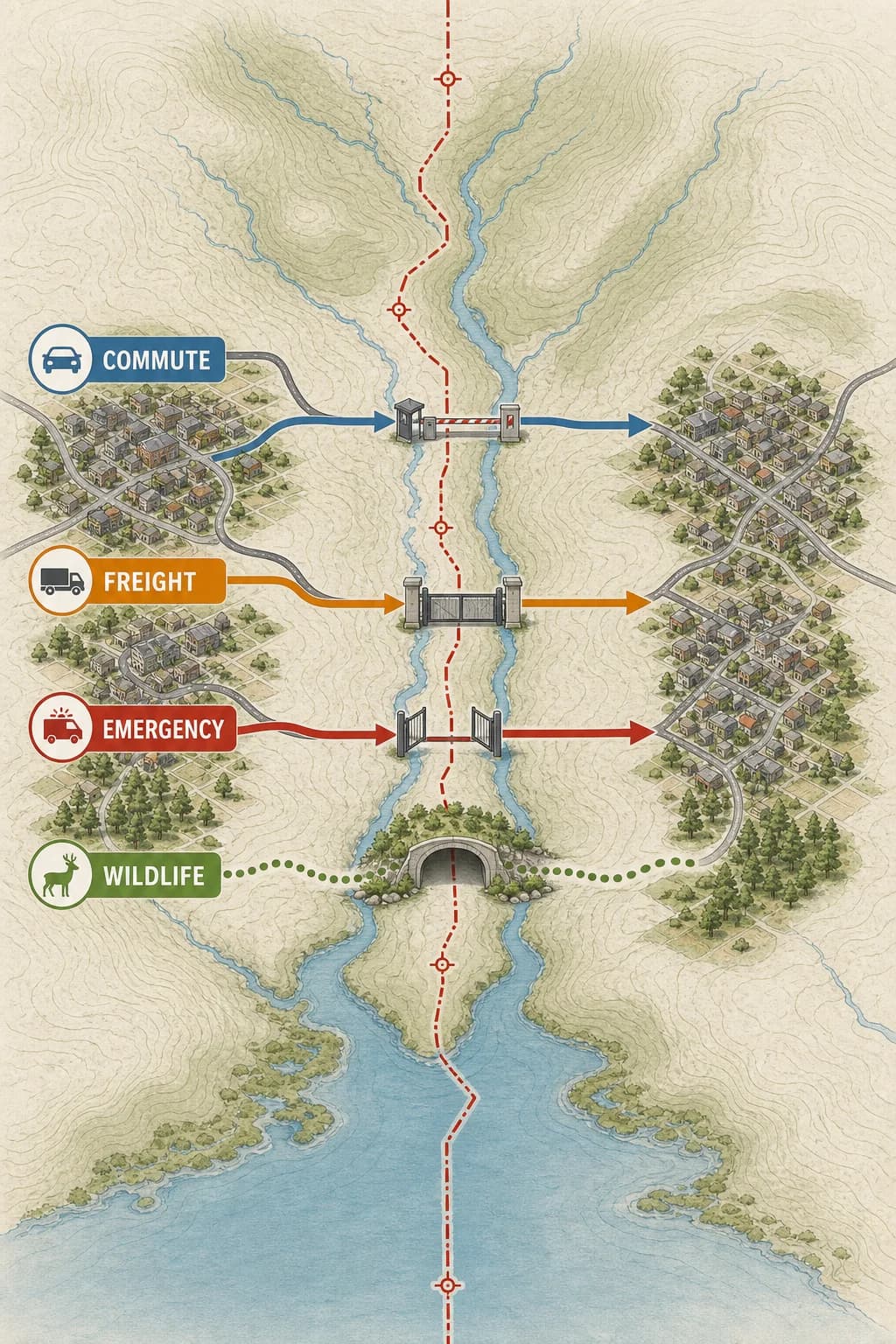 One boundary crosses a watershed and paired towns; commuting, freight, emergency response, and wildlife routes encounter different gates, delays, or cooperative corridors.
