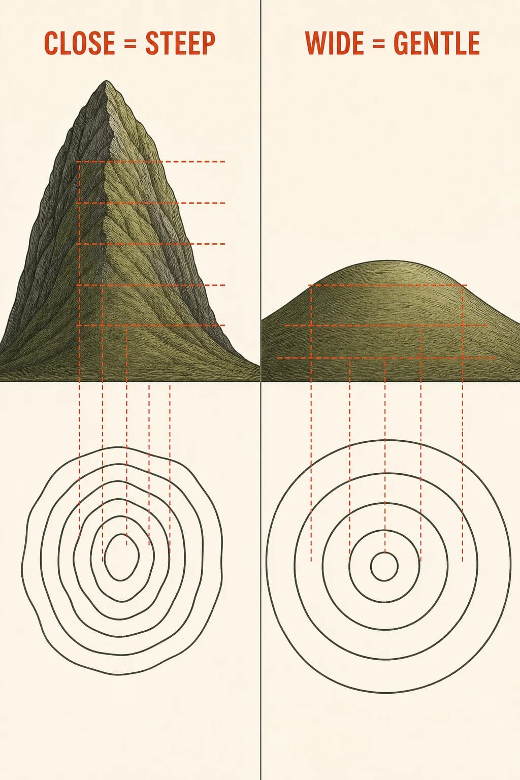 A side-by-side comparison uses the same five elevation levels: the steep hill compresses its contour lines close together, while the gentle hill spreads them widely apart.