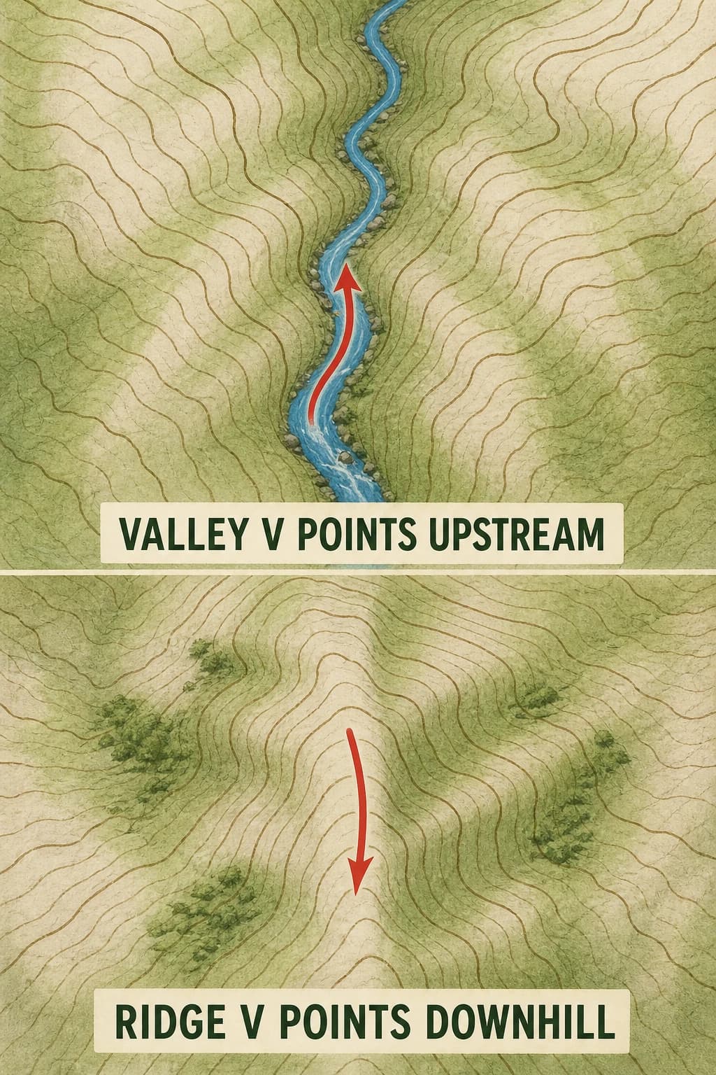 On a contour map, lines crossing a blue stream bend into a V pointing toward the upstream high ground, while contours around a neighboring ridge form a V pointing downhill.