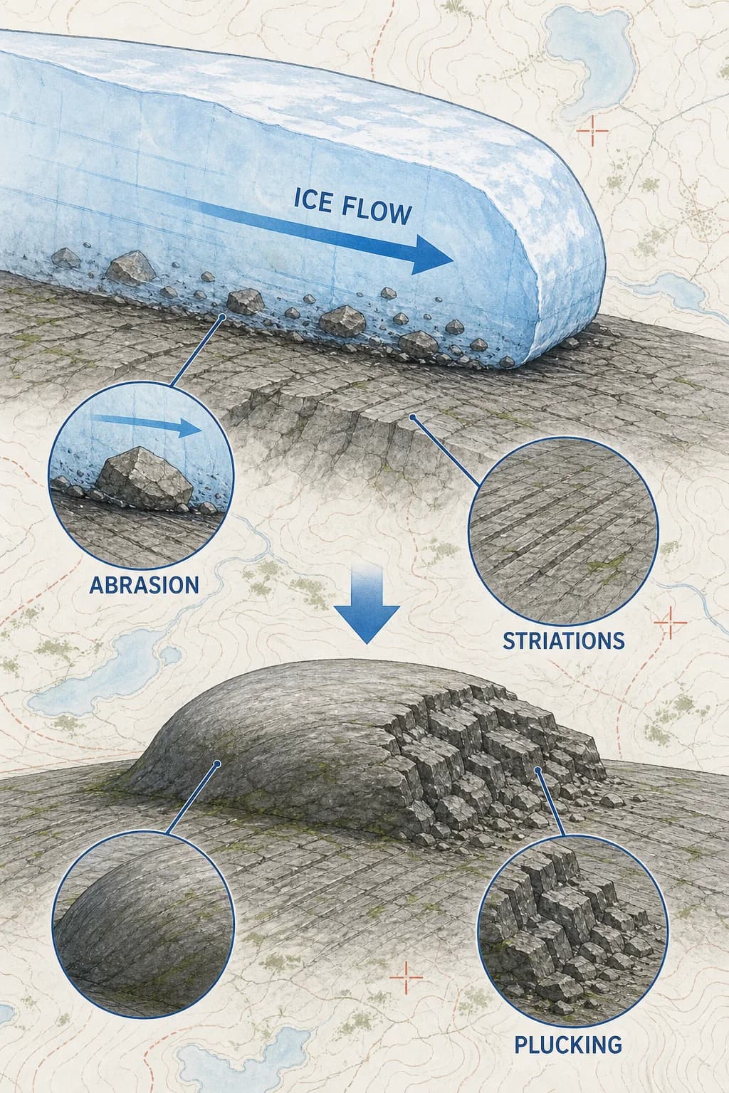Basal ice carrying rock fragments moves across bedrock, creating parallel striations and an asymmetrical rock knob with a smooth upstream face and plucked downstream face.