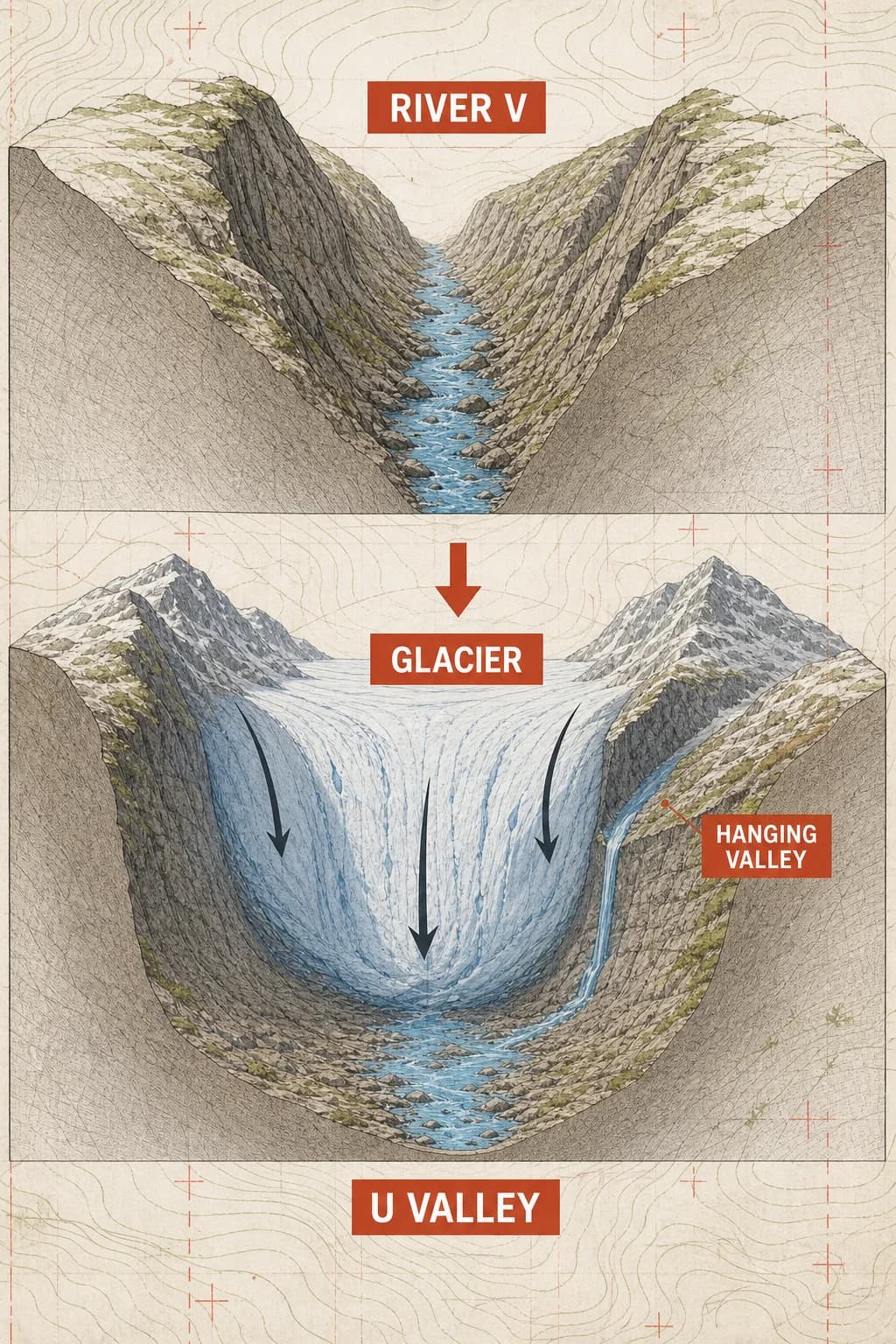 A paired cross-section transforms a narrow river-cut V valley into a broad glacial U valley, with ice contacting both floor and sidewalls and a hanging tributary above.