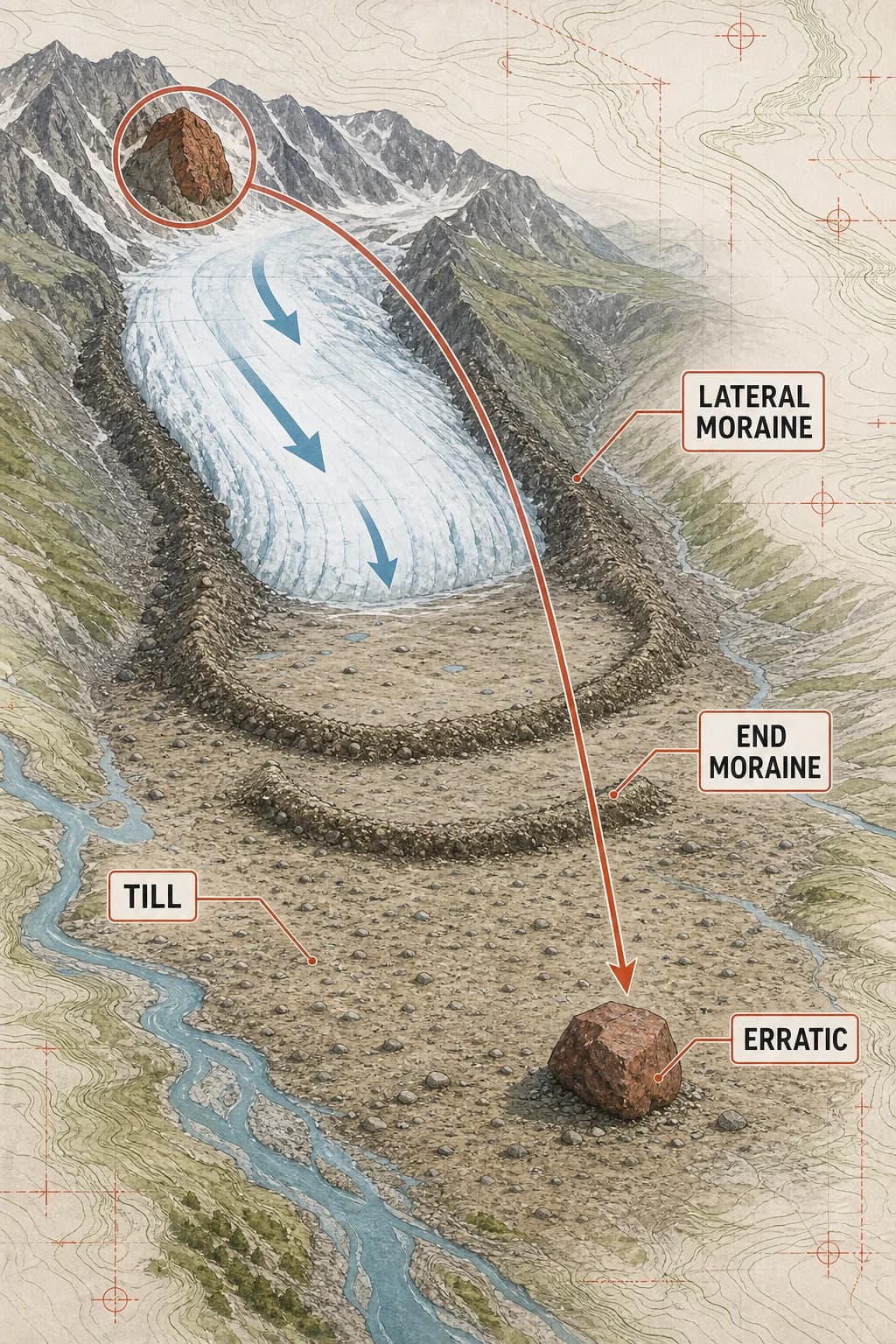 A retreating glacier leaves side moraines, three end-moraine ridges, unsorted till, and a transported erratic that links back to a distinct upstream source rock.