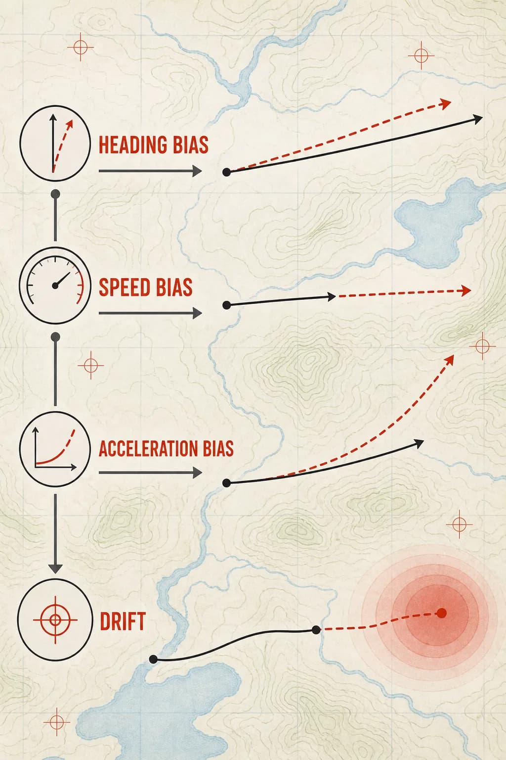 Three tiny sensor biases propagate through time: heading bias curves a route, speed bias stretches it, and acceleration bias grows from velocity error into large position error.