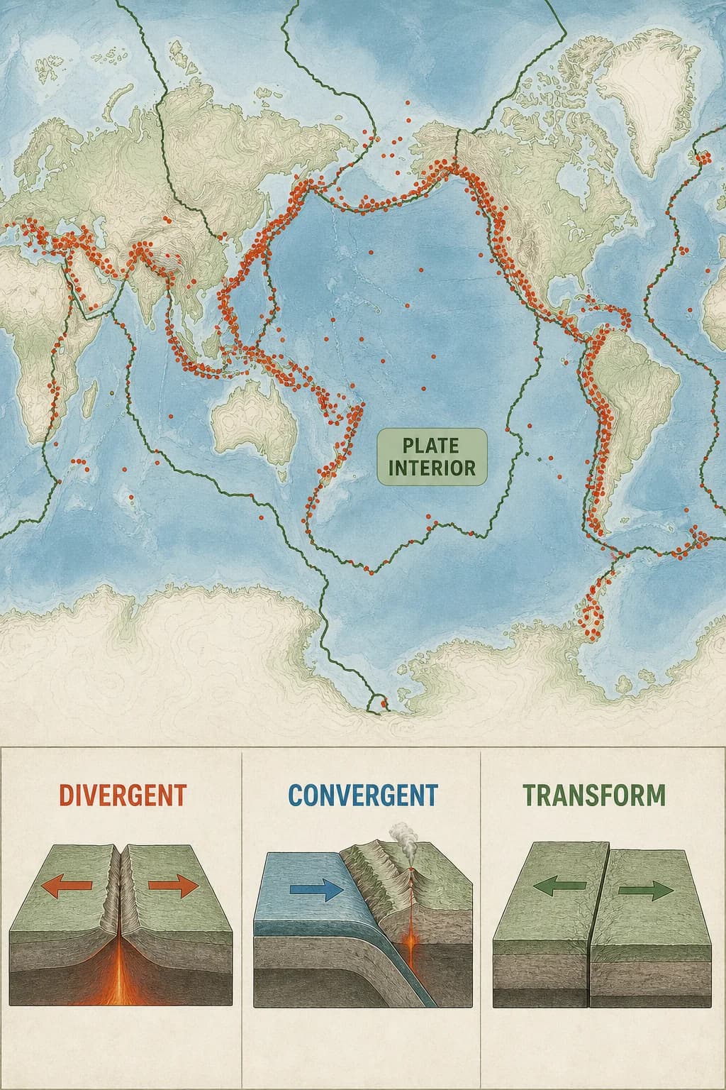 A global plate map overlays earthquake dots and three boundary-motion symbols, showing dense seismic belts around comparatively quiet plate interiors.